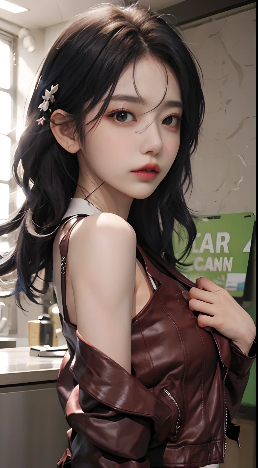 Extra-long hair，cropped shoulders，， Burgundy，CE leather jacket，