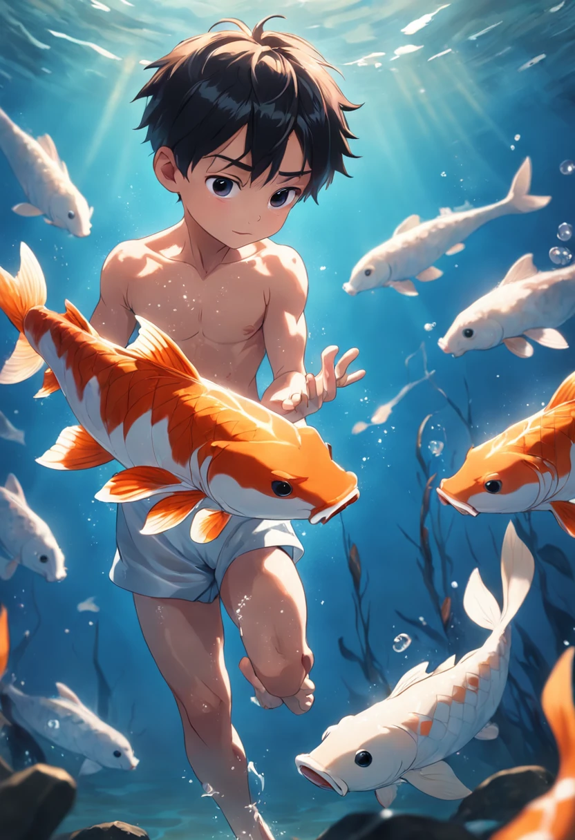 movie picture quality,Disney animation style,A little boy swims in the sea with a koi in his arms,short detailed hair,Denim suspenders,The barefoot,depth of fields,high light,Real light,Ray traching,oc rendered,Hyper-realistic,best qualtiy,8K,Works of masters,super-fine,Detailed pubic hair,Correct anatomy,sharp focus on eyes,Bokeh,Facial features are carefully depicted