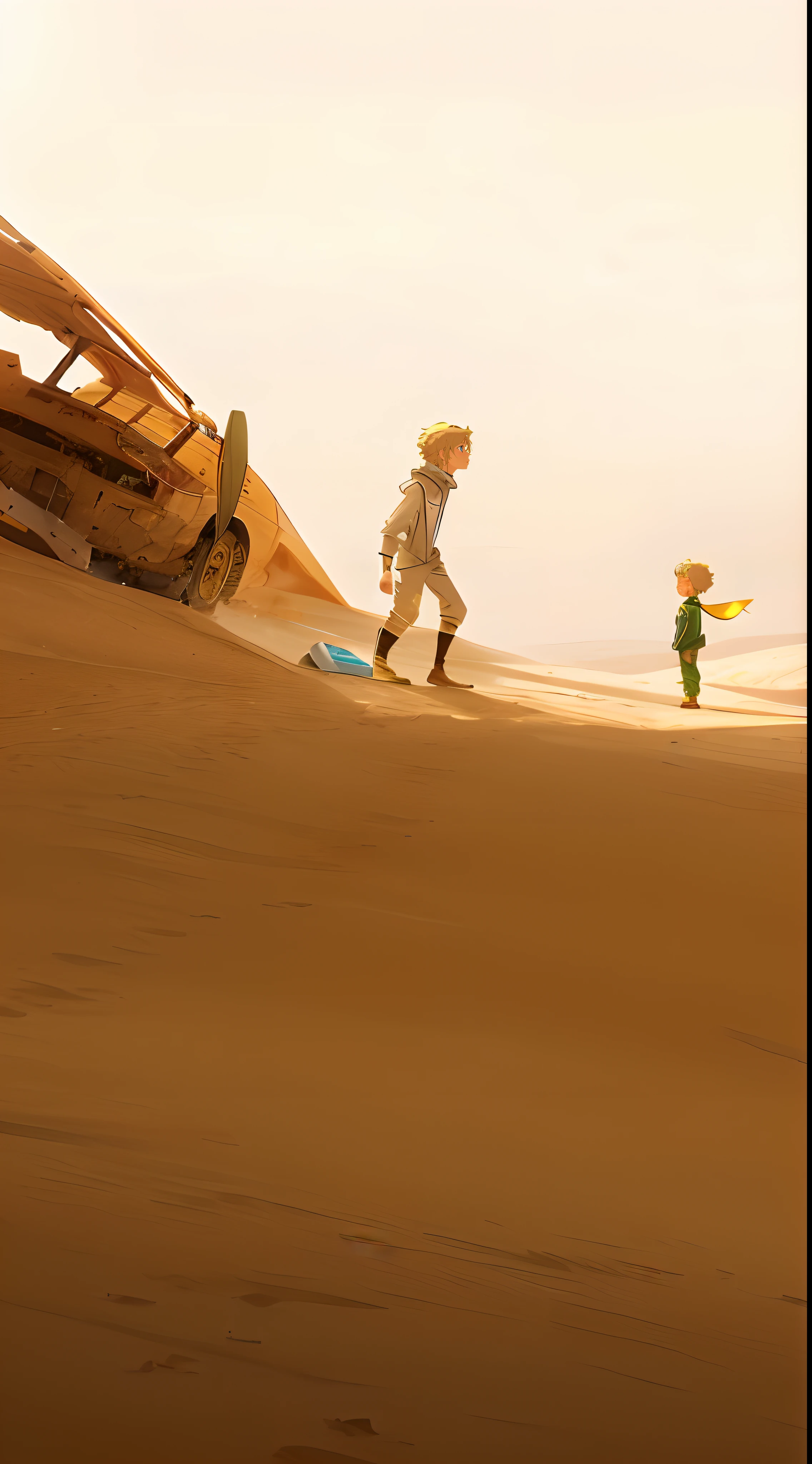 there is a man and a  blonde boy playing standing in sand desert, dune, absolutely outstanding image, atey ghailan and steve mccurry, the little prince, somewhere in sands of the desert, ilm of an epic sci-fi, key art, animated movie shot, disney star wars movies still, by disney, disney pixar weta, tatooine, professional photography, stones, crashed plane in background