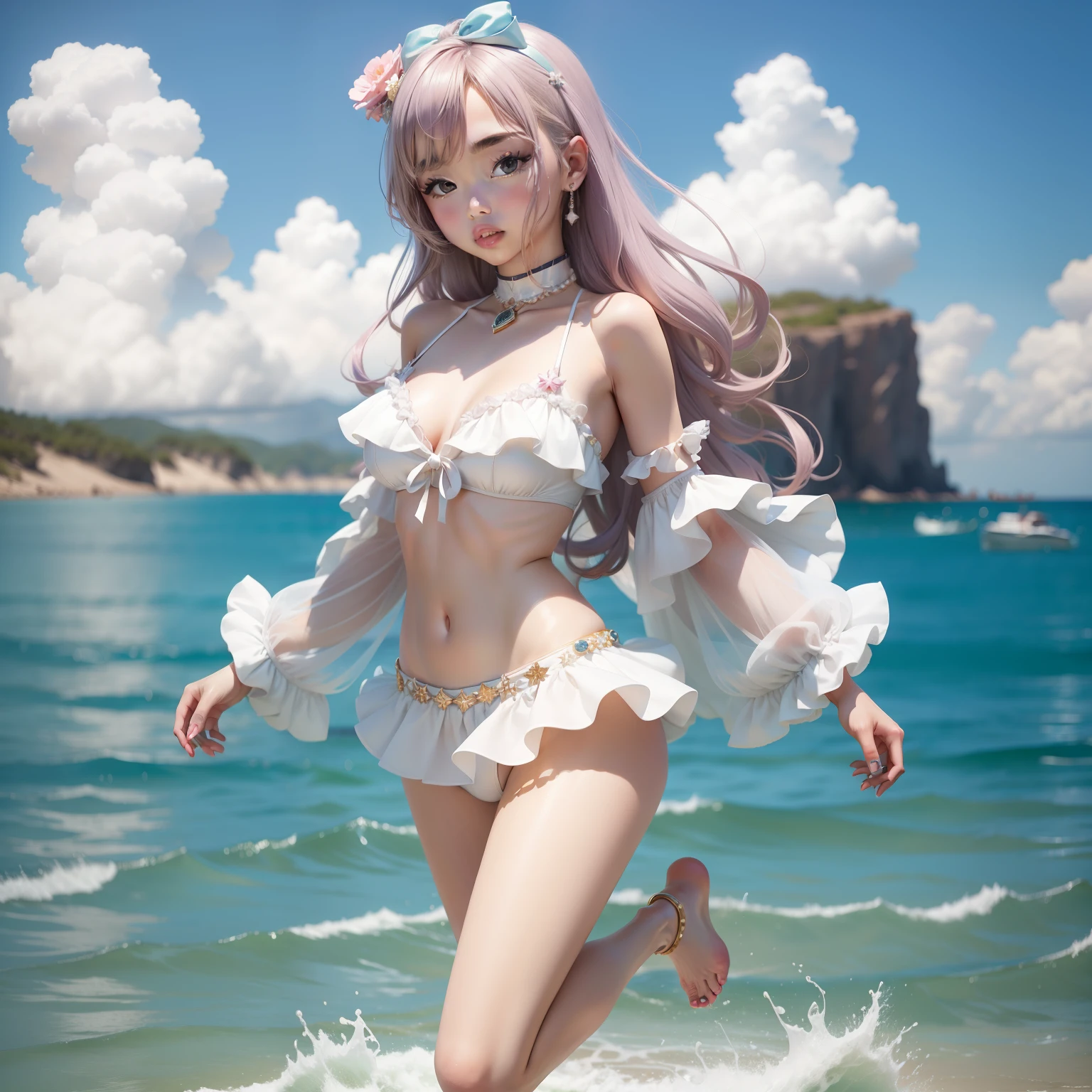 Female Idol in Pearl Fashion(Cute swimsuit、)、Looks fun、full body Esbian、、