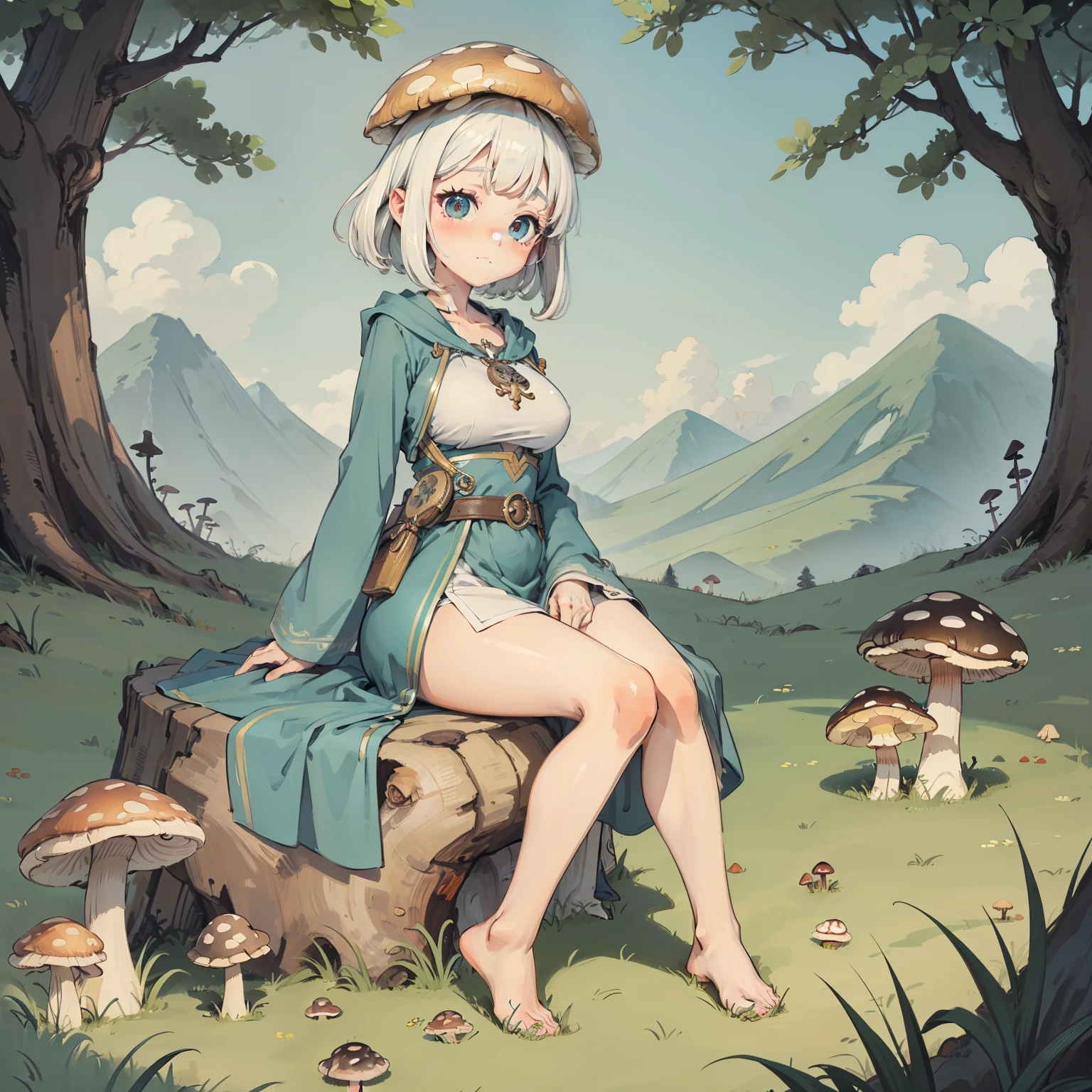 Explore the kingdom of psychedelic and fantasy mushrooms，Huge mushrooms，Watercolor illustration, Perfect anatomy, Masterpiece, Best quality, 1girll, Loli,elementary student， Solo, (with short white hair:1.2),，Nature, landscape(((Cute little nose and cute eyes+adolable+big breasts enchanting)):1.2,Patient gown,tiny feet, Sit on grass,Mushrooms on the head,Mushrooms in the back)