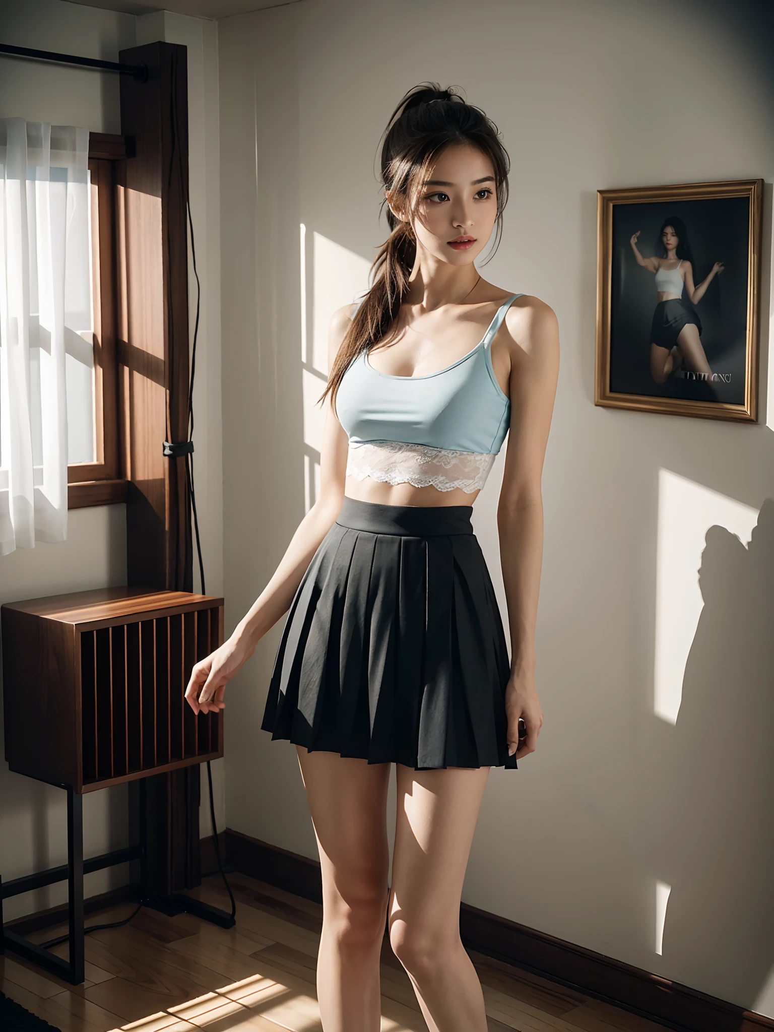 ((smallunderboob,Tomboyish,small heads)), (Well-defined abs: 1.1), (perfect bodies: 1.1), (Long straight hair: 1.2), Black hair, pony tails，upper body photos, attractive collarbone，nabel，（极其细致的CG 8k壁纸），（Extremely refined and beautiful），（tmasterpiece），（best qualtiy：1.0），（超A high resolution：1.0），beautiful light up，Perfect lightning，realistic shaded，[A high resolution]，Smooth and flawless fair skin，ultra - detailed ，Light blue-green yoga vest，cleavage，a black pleated skirt，White transparent lace panties，，Elongated legs，Bigchest，big breasts thin waist，big assa，Slim，emaciated，In the spacious and bright dance studio，Morning