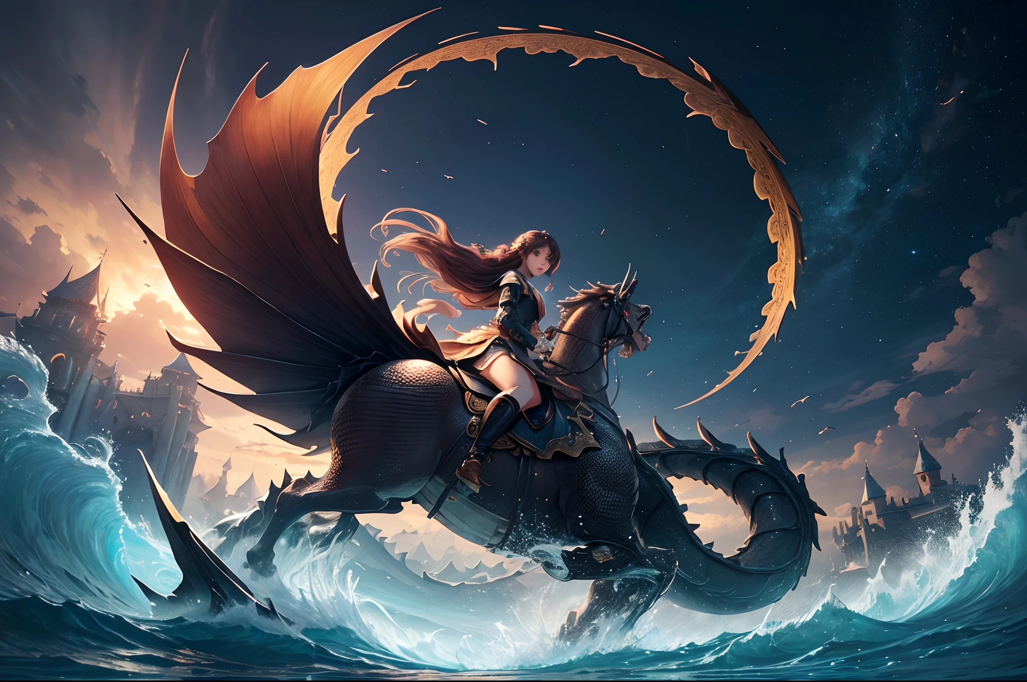 (Masterpiece, Top Quality, Best Quality, Ultimate Detail, Highest Detail, Official Art, Beauty & Aesthetics: 1.2), Golden Ratio, Full Composition, official art, Unity 8k wallpaper, super detailed, beautiful, (fractal art: 1.4), the school girl is riding on the black dragon, flying over the town, full body, crystallineAI, from below, splash