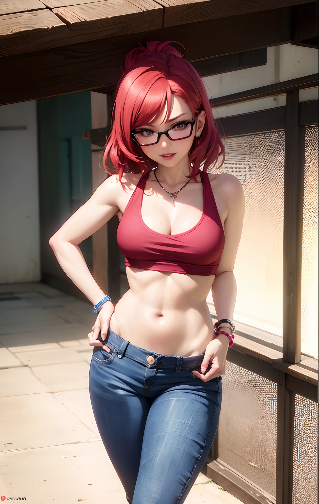 Nishikino maki, Purple eyes, red hair, lipstick,red tank top, denim pants,low waist pants,(pantpulldown:0.7),glasses, bracelet, cleavage, standing, spread legs, cowboy shot, sexy, hands in pockets