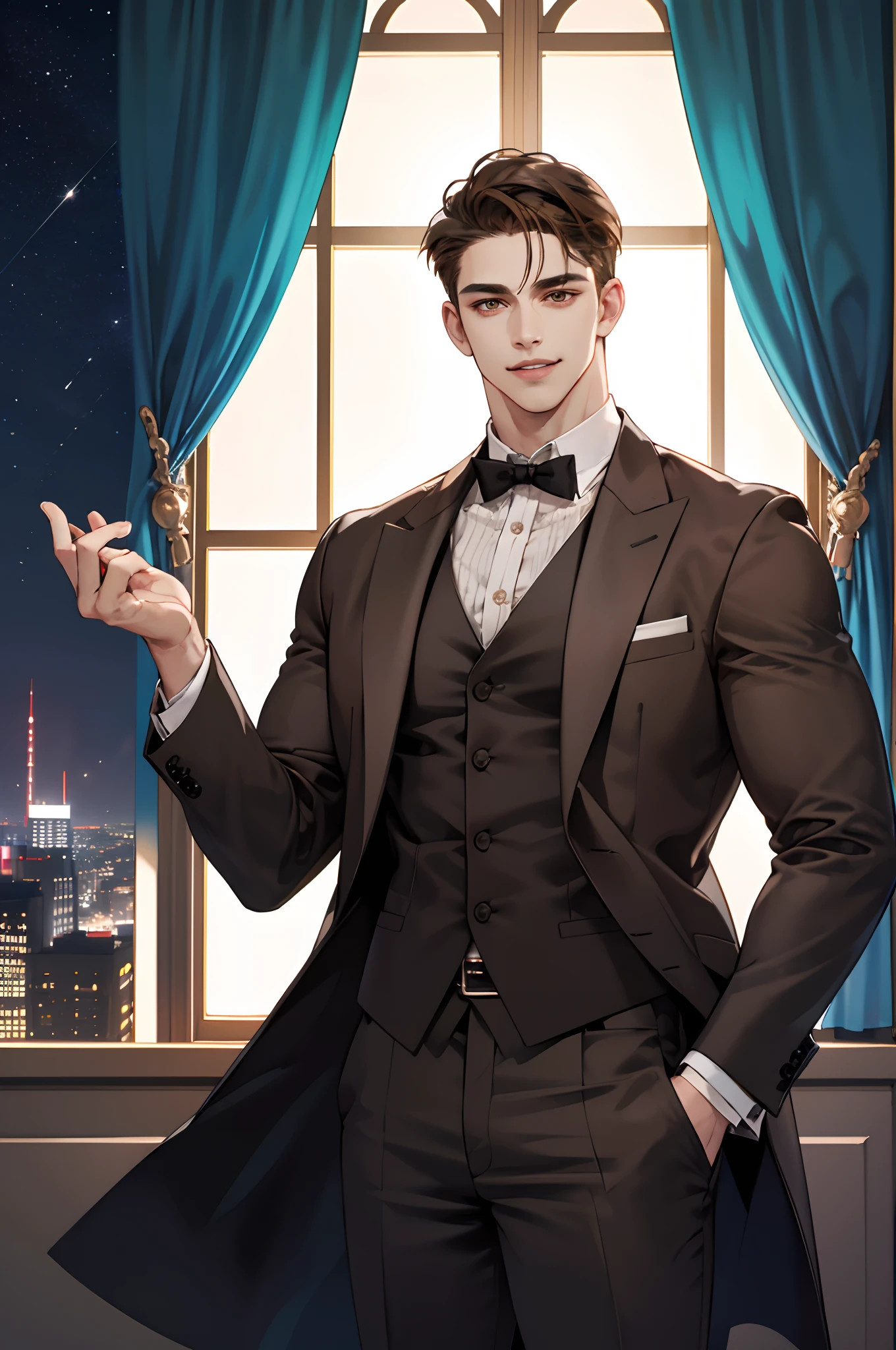 (modern day, k hd, ultra - detailed), (1male people, solo person, AS-Adult, mature:1.4, Idade:1.4, 年轻, Tall muscular man, Handsome), Very short hair, brunette color hair, Hair oil, with brown eye,(Pointed chin:1.4,Thick neck:1.4,),the night,Dark,Look at the night view of the city through the large window,brown suit,tiese,full bodyesbian,luxury goods,luxury goods,Smile Expression,