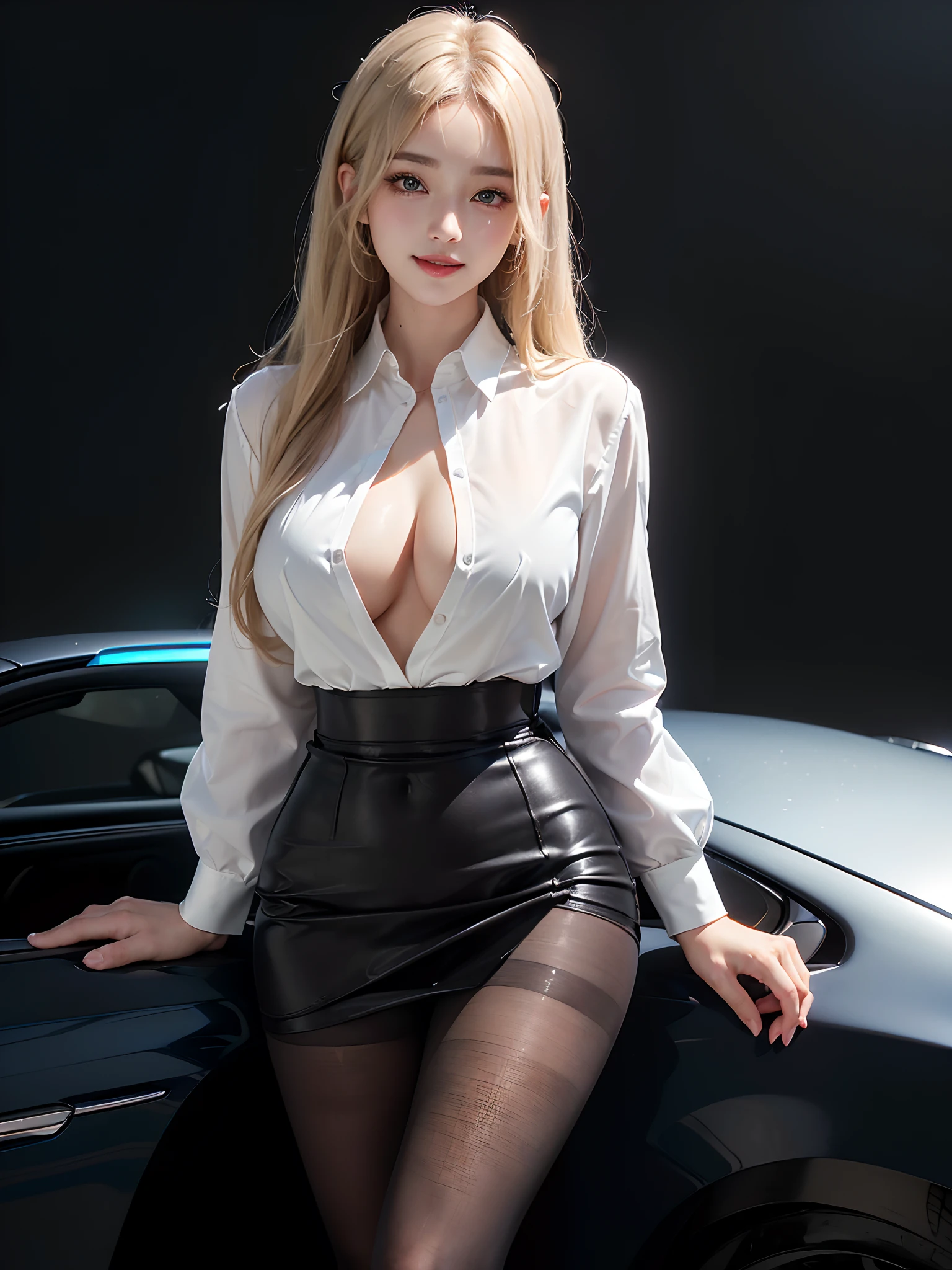 (Best Quality, 8K, Masterpiece, Ultra HD: 1.3), (K-Pop Idol: 1.4), 1 Pretty Girl, (Big Breasts: 1.2), (Long Hair), Abs, Perfect Figure, Ultra Fine Face, Delicate Lips, Beautiful, dewy skin, sweaty skin, wavy blonde hair, silver light hair, office wear , super fine hand, fine finger , Short mini skirt (black), White tight shirt, ((detailed pantyhose)), in the luxury car, super detailed car, punk girl, transparent, smiling, open shirt show , Long legs, detailed legs, fine legs