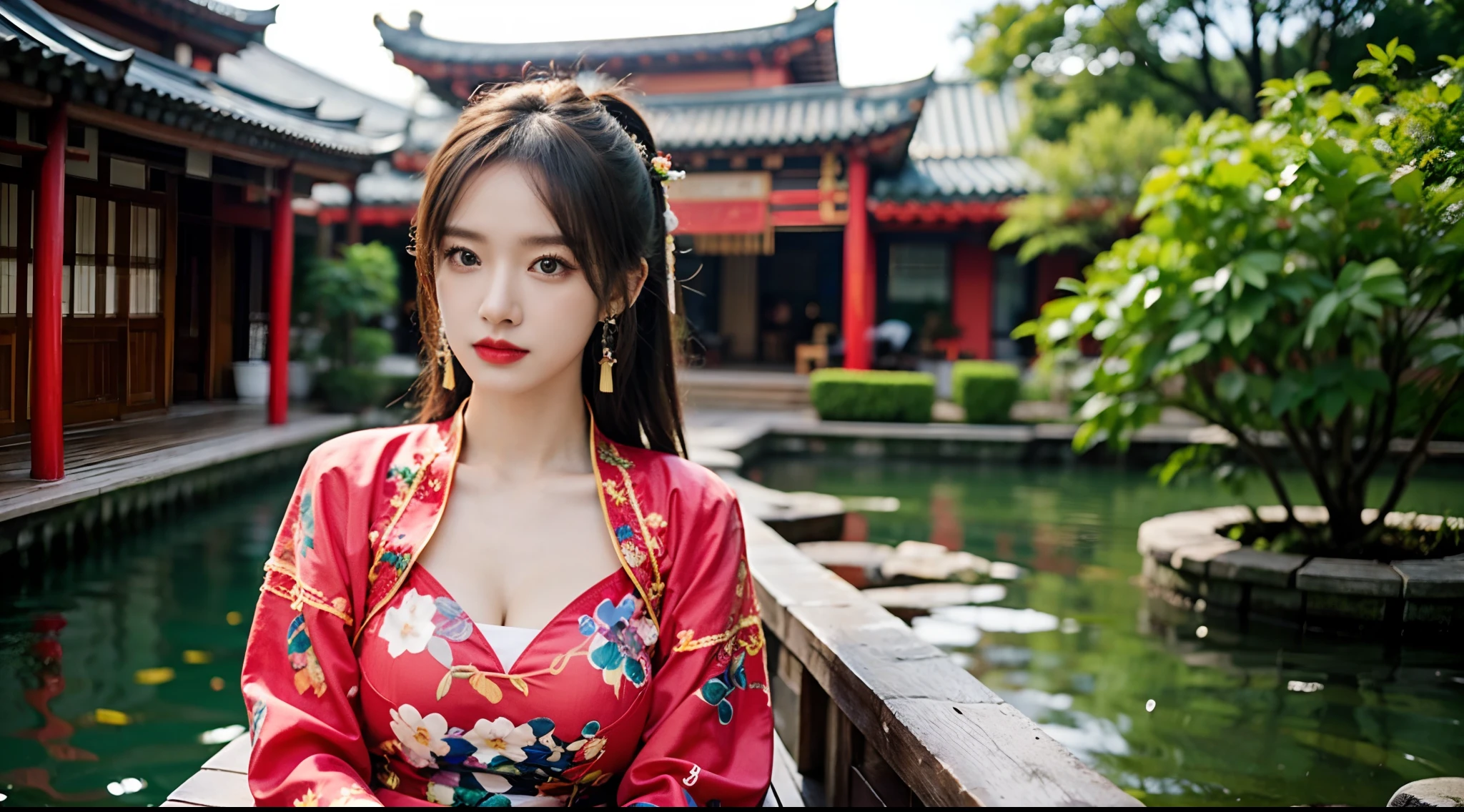 (A half body，Close-up，closeup cleavage)，Arakfi Asian woman sitting in chair，Wearing a green and gold dress, (outside,hot onsen，florals，grassy，nevando） ， A girl in Hanfu, Hanfu, Cheongsam, with acient chinese clothes, Traditional beauty, Traditional Chinese clothing, Wearing ancient Chinese clothes, Chinese style, Chinese dress, Chinese costume, Chinese traditional, Chinese girl, wearing ornate silk clothes，Redlip