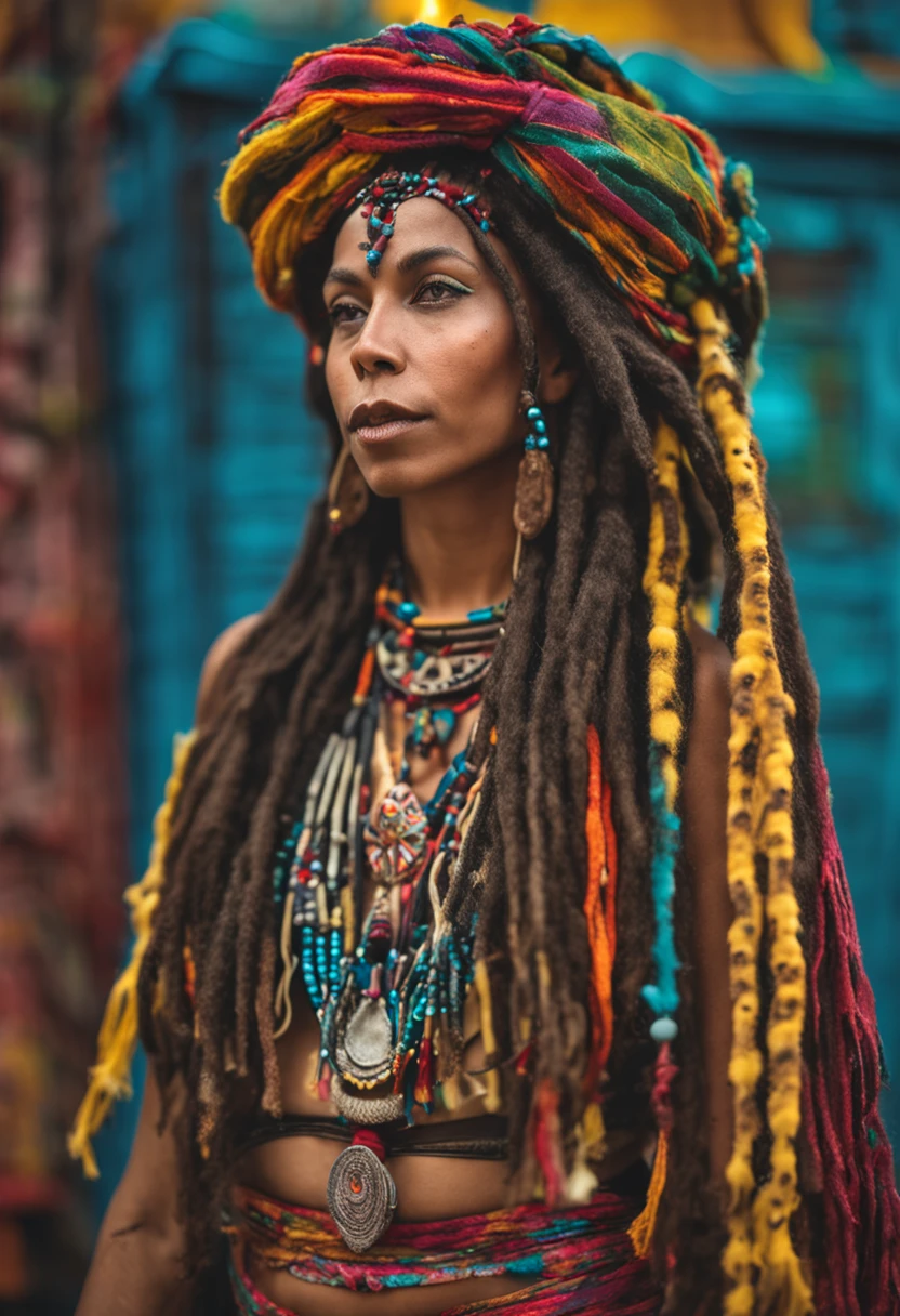 araffe woman with dreadlocks and a colorful outfit posing for a picture, she is dressed in shaman clothes, she is dressed as a belly dancer, beautiful young female shaman, cinematic goddess body shot, full figured mother earth, style blend of burning man, exotic costumes, wholesome techno - shaman lady, belly dancing, ornate cosplay, beautiful, persian queen, profile shot