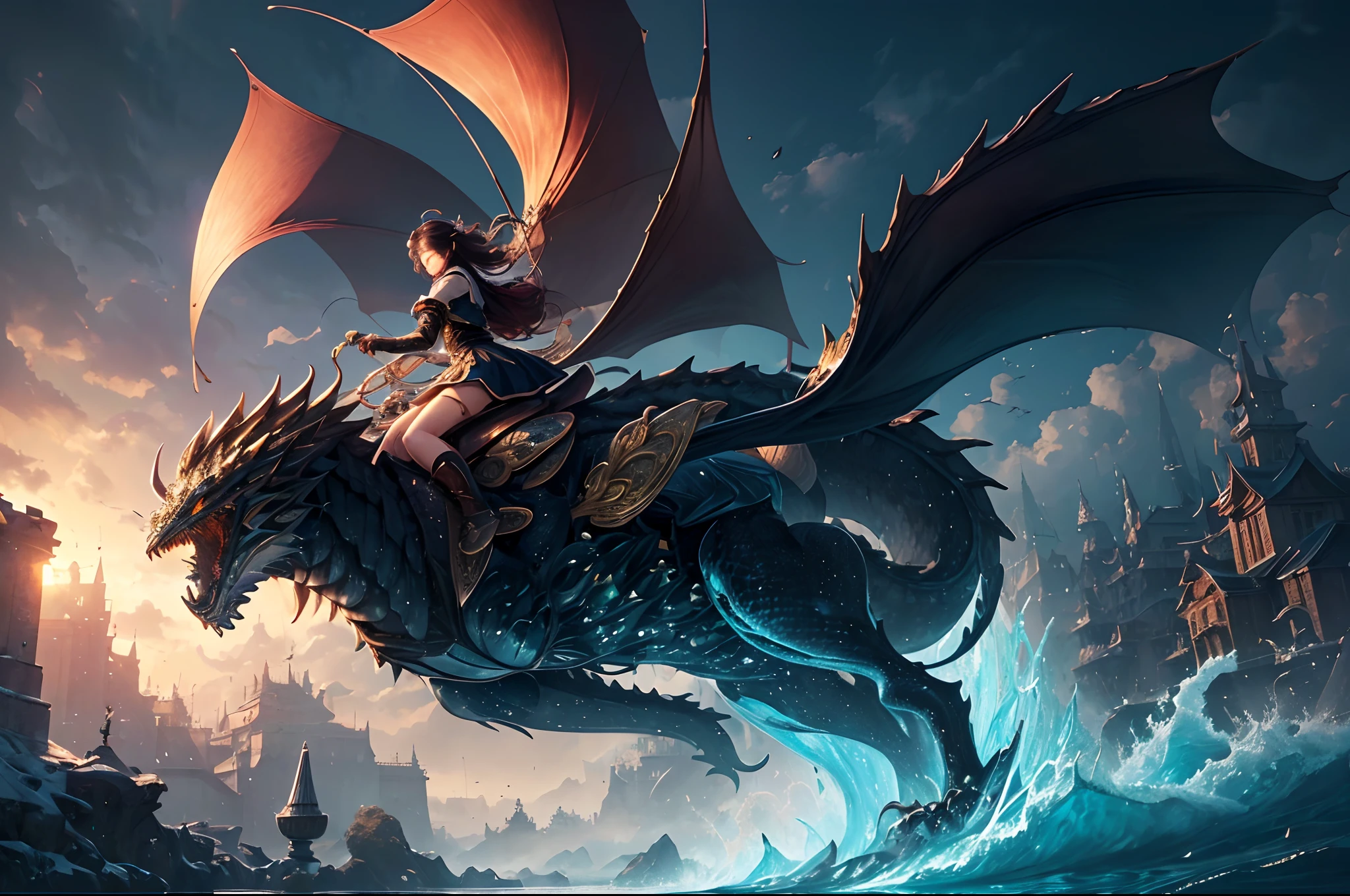 (Masterpiece, Top Quality, Best Quality, Ultimate Detail, Highest Detail, Official Art, Beauty & Aesthetics: 1.2), Golden Ratio, Full Composition, official art, Unity 8k wallpaper, super detailed, beautiful, (fractal art: 1.4), the school girl is riding on the rainbow dragon, flying over the town, full body, crystallineAI, from below, splash