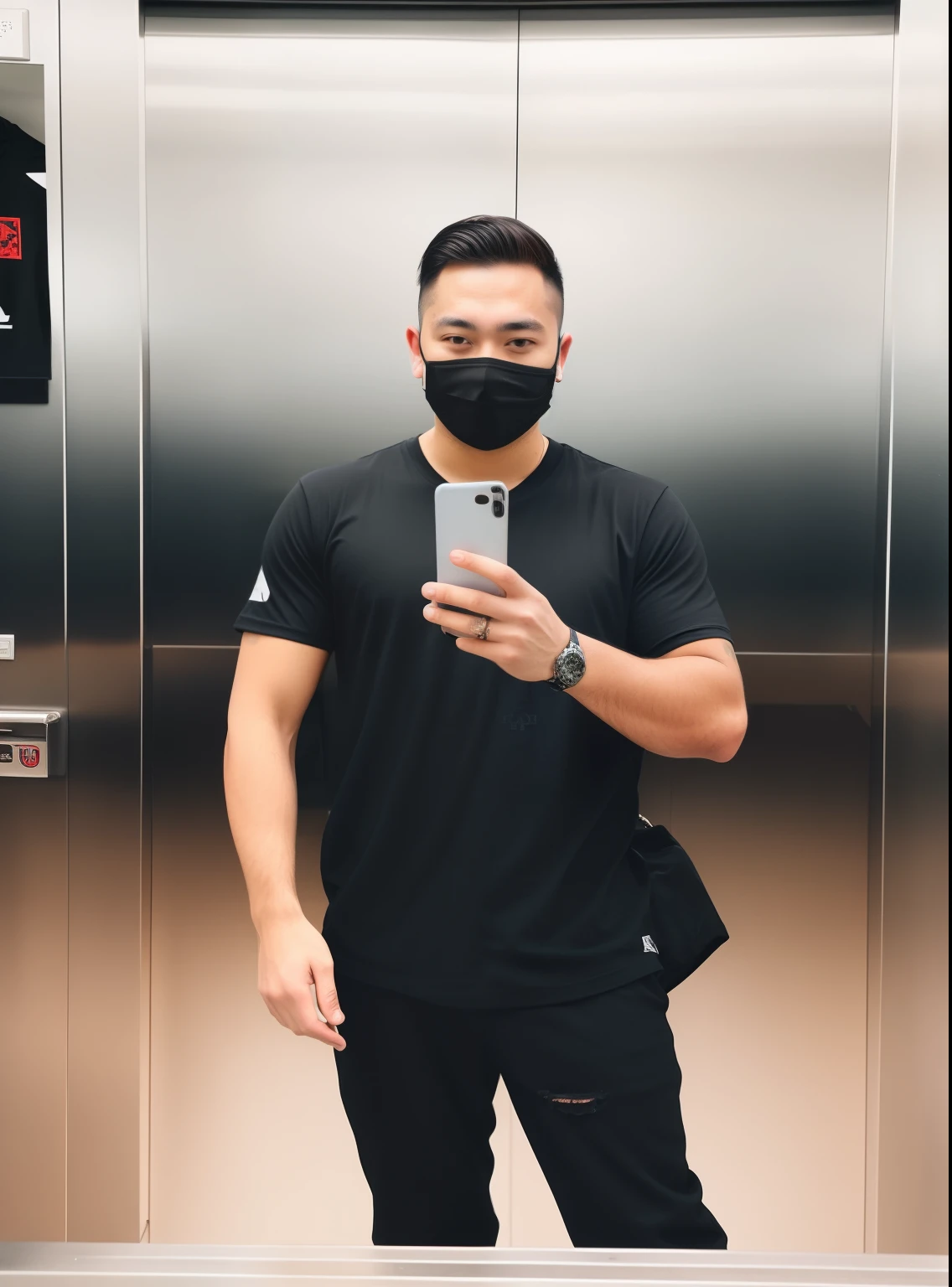 there is a man wearing a face mask and holding a cell phone, wearing all black mempo mask, he is wearing a black t-shirt, (sfw) safe for work, 2 7  old, wearing a black t-shirt, in the style of sifu 🔥 😎 🕹️ 👀 :2, selfie of a man, wearing a black tshirt