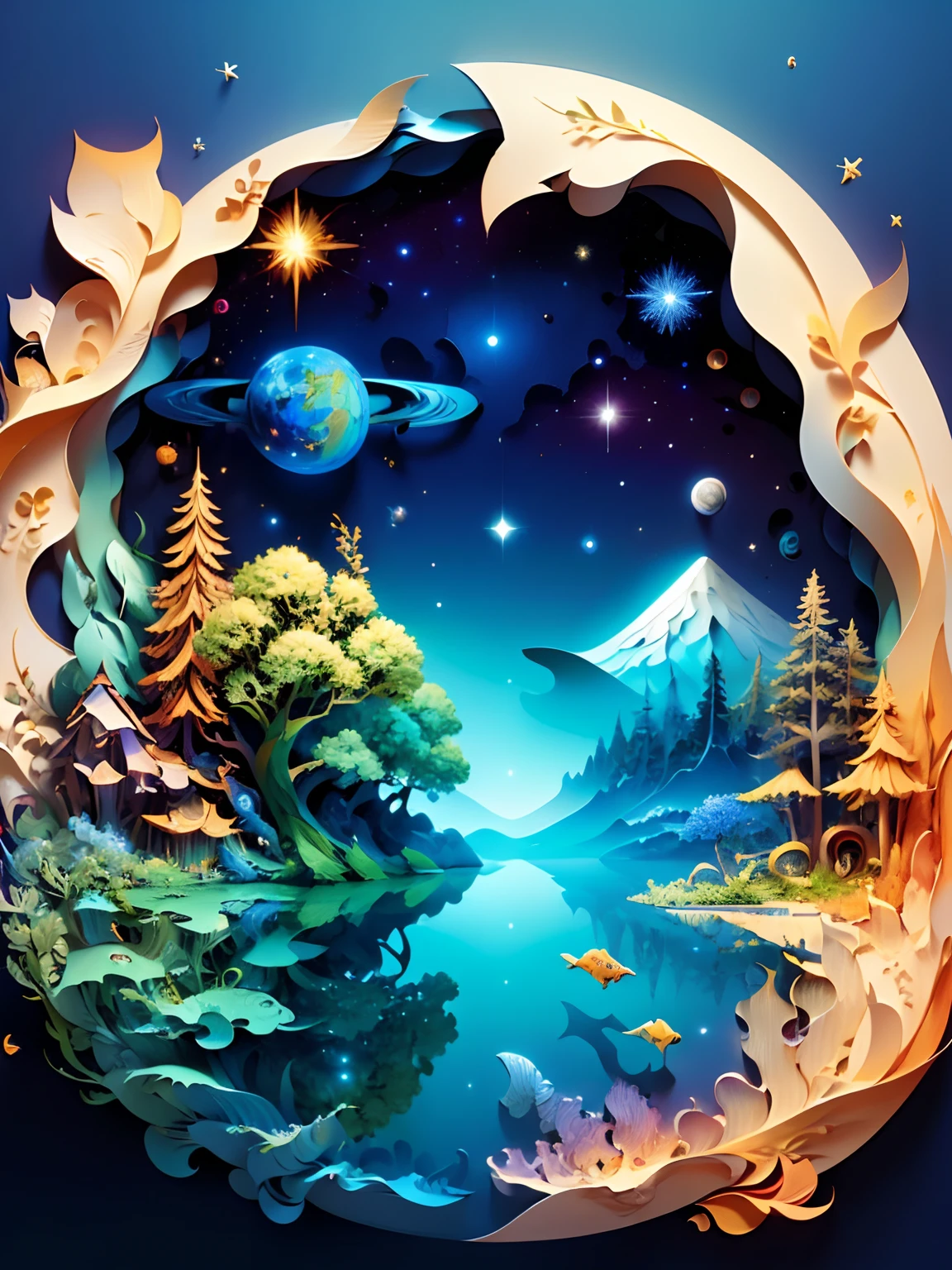 (((masterpiece))),best quality, illustration, earth, water ,fire, wind , space , paper_cut,