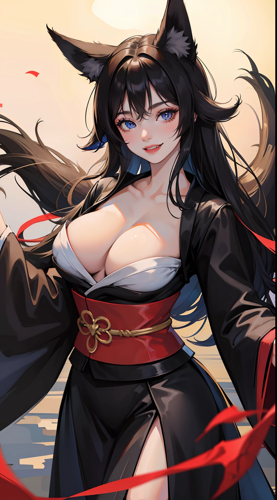 Adult girl, long black hair, fox ears, blue eyes, black kimono, open breasts, smile, tooth, Masterpiece, high quality