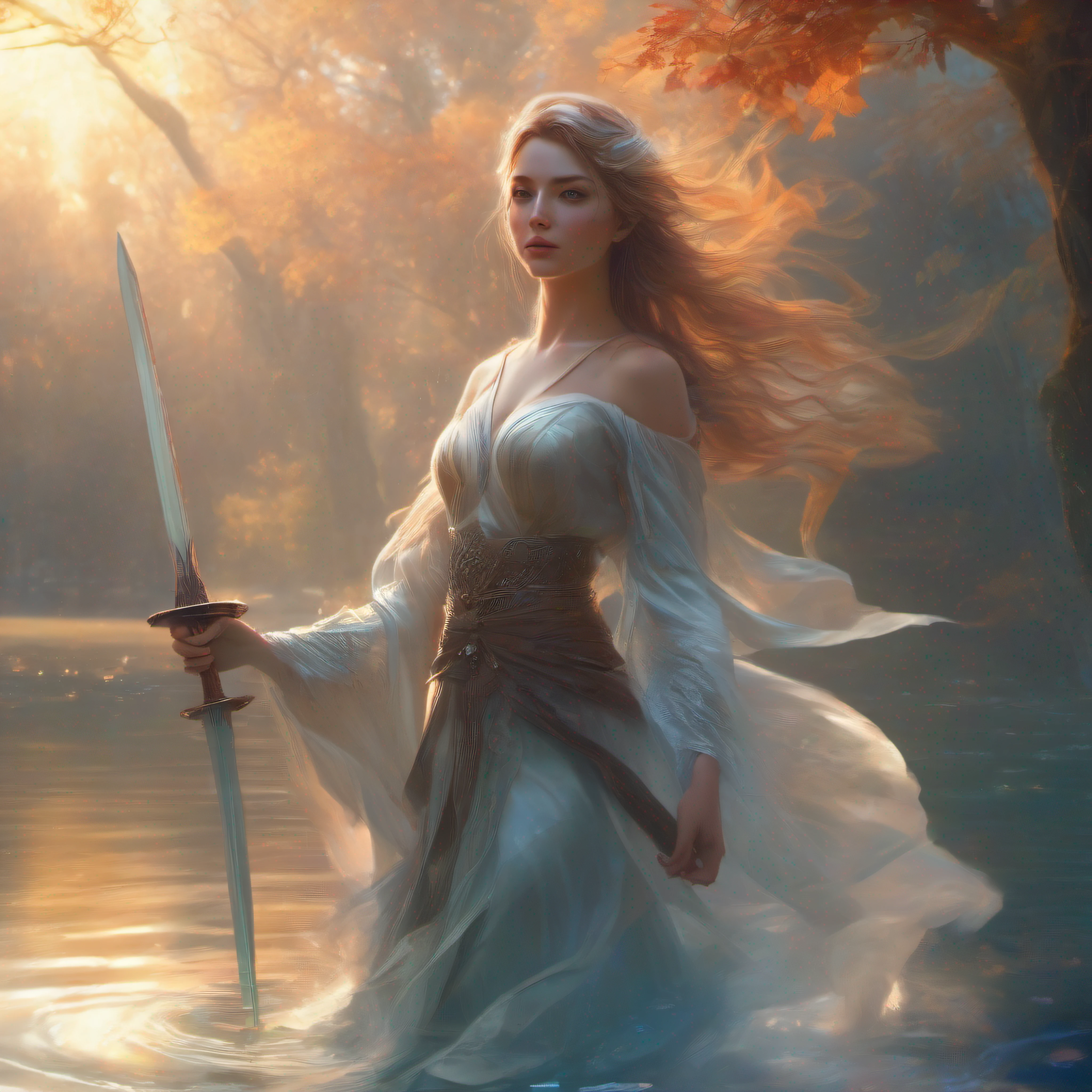 lady of the lake, a fey woman partially submerged, arms outstretched (((holding Excaliber sword horizontaly))), water dripping off of clothes, flowing gossamer clothing, enchanting,artstation,smooth, sharp focus,art by ross tran and greg rutkowski and alphonse Mucha and Bak Karol, (digital painting:1.16), soft lighting, CGSociety,ArtStation,(__Hyperrealism:1.3),(__Photorealism:1.3),(Land Art:1.3),(CMYK Colors:0.5),naturalism,land Art,regionalism,shutterstock contest winner,trending on unsplash,featured on Flickr