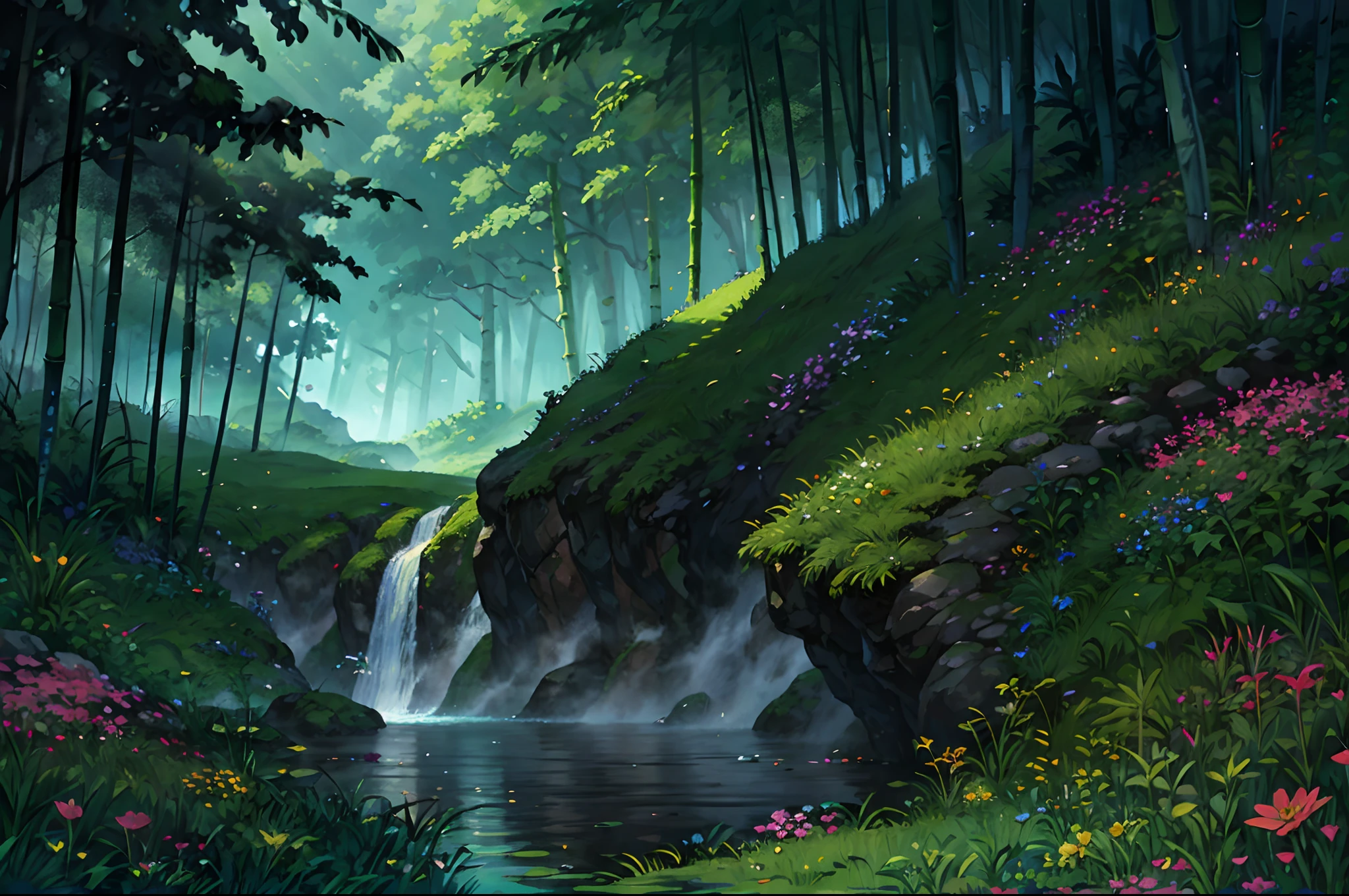 Masterpiece, best quality, 8K, high res, ultra-detailed, A scene of a waterfall cascading down a high cliff amongst lush greenery, adorned by vibrant flowers, towering pines, and delicate bamboo groves,no humans, sakura, beautiful view, ultra-detailed, fine detailed, highly detailed, intricate, highly detailed, ultra-detailed, scenery,no humans, lush green mountains, winding rivers, misty atmosphere, solitary, intricate details, delicate features, verdant trees, blooming flowers, druid's circle, soft moss, deep forest, intricate leaves and vines, wisps of light, still pool of water, pristine, verdant green, A picturesque scene of a waterfall cascading down a high cliff amongst lush greenery, adorned by vibrant flowers, towering pines, and delicate bamboo groves.