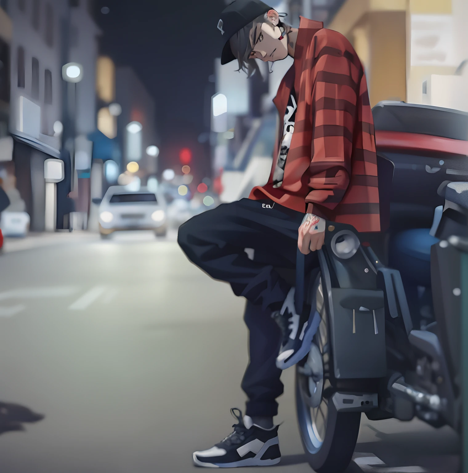 there is a man riding a motorcycle on the street, fear of god style, street clothing, baggy clothing and hat, streetwear fashion, japanese streetwear, lil peep, really cool pose, Cool style, Cai Xukun, wearing a fisher 🧥, in the style of sifu 🔥 😎 🕹️ 👀 :2, ✏️🎨, Street attire