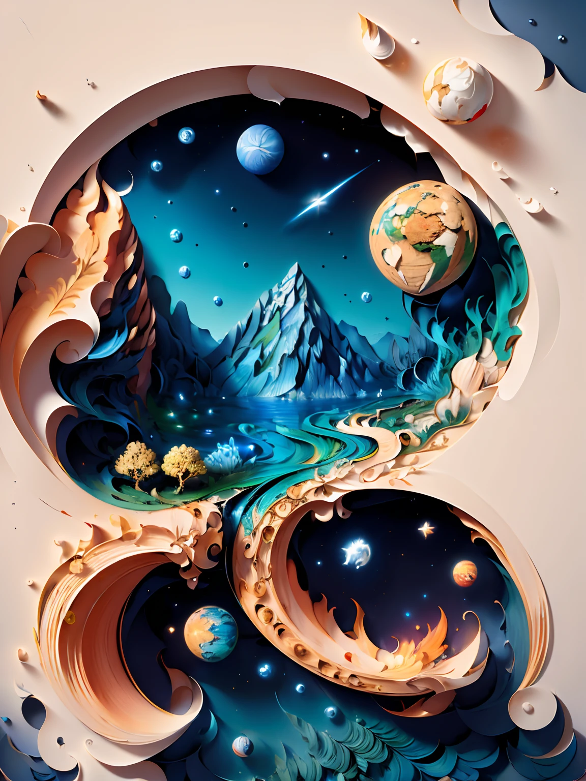(((masterpiece))),best quality, illustration, earth, water ,fire, wind , space , paper_cut,