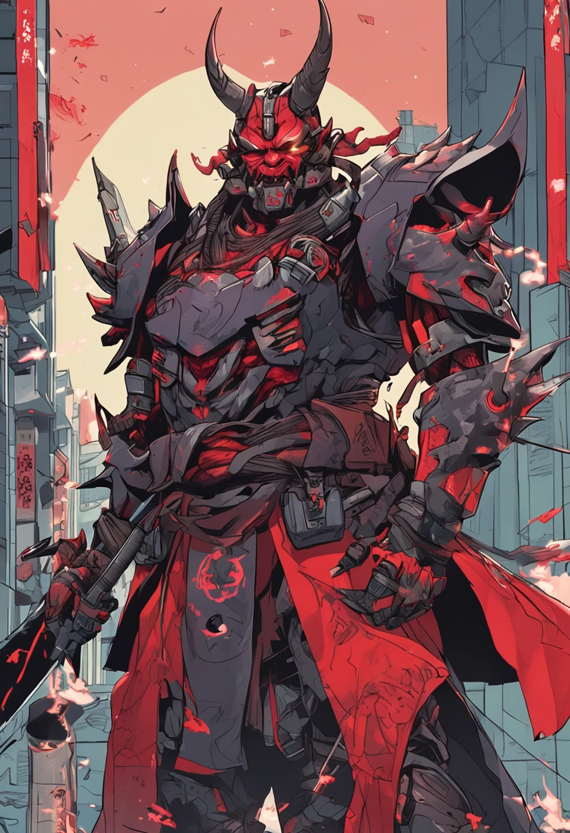 sky, cloud, holding_weapon, no_humans, glowing, , robot, building, glowing_eyes, mecha, science_fiction, city, realistic,mecha, a close up of a cartoon character with a demon face, demon samurai, villain wearing a red oni mask, demon samurai warrior, samurai with demon mask, oni horns, handsome guy in demon slayer art, neon samurai, handsome japanese demon boy, demon samurai mask, demon slayer artstyle, oni mask, onmyoji portrait, onmyoji detailed art, oni