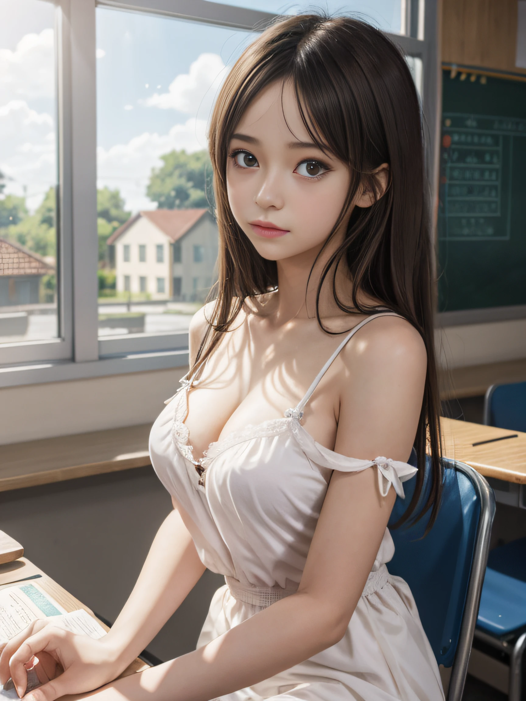 masutepiece, Best Quality, super detailed, Illustration, Colorful, Falt Color, depth of fields, Lens Flare, 1girl in, Anime, lecture, Brunette hair, gaze at the audience, School, crass room, , transparent breast patch, Delicate skin, serafuku, Delicate texture, delicate cloth, Delicate beauty,