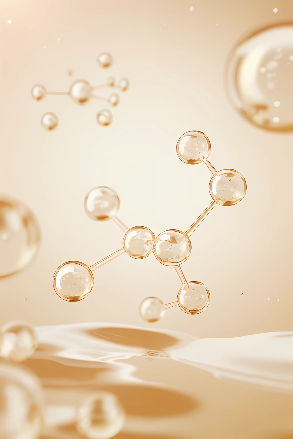 crystal-clear，golden，Close-up of a bunch of bubbles floating in a glass, floating molecules, molecules, space molecules, Dust molecules, abstraction chemicals, water particulate, reagents, classic 3 d model of molecule, golden organic structures, molecular, water particulate, bio chemical illustration, bubbling skin, water particle in front, synthetic bio skin, atoms floating, vray caustics