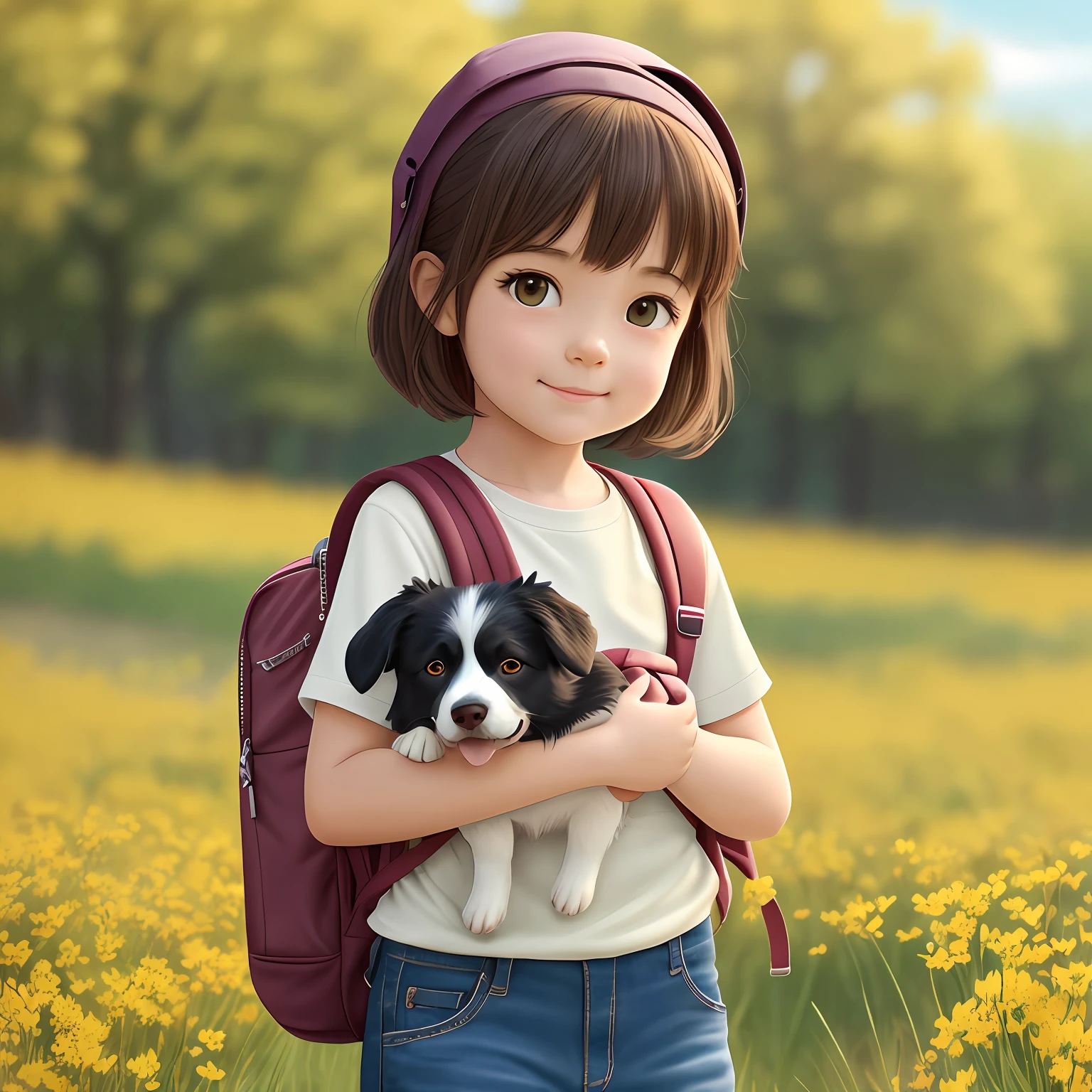 A very charming  girl with a backpack and her cute border collie puppy enjoying a lovely spring outing surrounded by beautiful yellow flowers and nature. The illustration is a high-definition illustration in 4K resolution with highly detailed facial features and cartoon-style visuals.