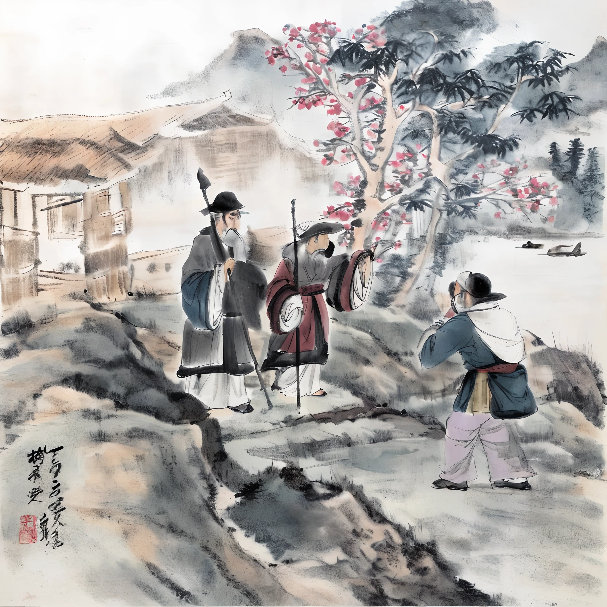 Painting of a group of people standing on a hill near a tree, Traditional Chinese painting, old chines painting, Chinese style painting, Chinese painting, China ink painting, Traditional Chinese art,