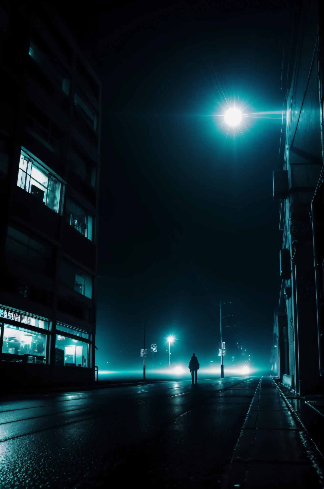 deep in the night、mid night、cyberpunked、Only one light、Foggy、reflection、Nostalgic but unsettling photos、Images in a dream、uneasy、horor、terrifying、desolate、Pretty dark image、Grainy photo、Film Touch、color photograph、wide angles、wide-angle lens, Wide Shot, ultra wide-angle、