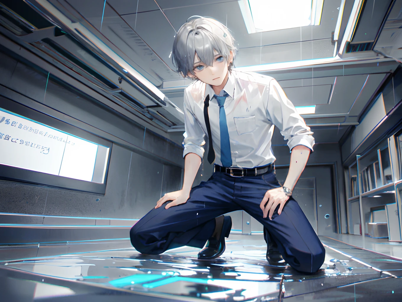 （1 Adult male），A high resolution， Sharp focus， Pixiv masterpiece， （（Complicated details））， highly  detailed， natsuki_subaru， 1 man，Defeat， crestfallen，full bodyesbian，kneels on the ground， Sweaty crotch，Pee on the legs，pissing，Urine runs down the thighs，embarressed，exhilarated，is shocked，panicking，worry，A small puddle of their own urine forms around the feet，Urine runs down the crotch，Drenched，rain，The shirt is soaked，（A gesture of pleading），blue color eyes（eyes glowing）， Short gray hair，white  shirt，Wear a tie，Wear a belt，perspire，look from down
