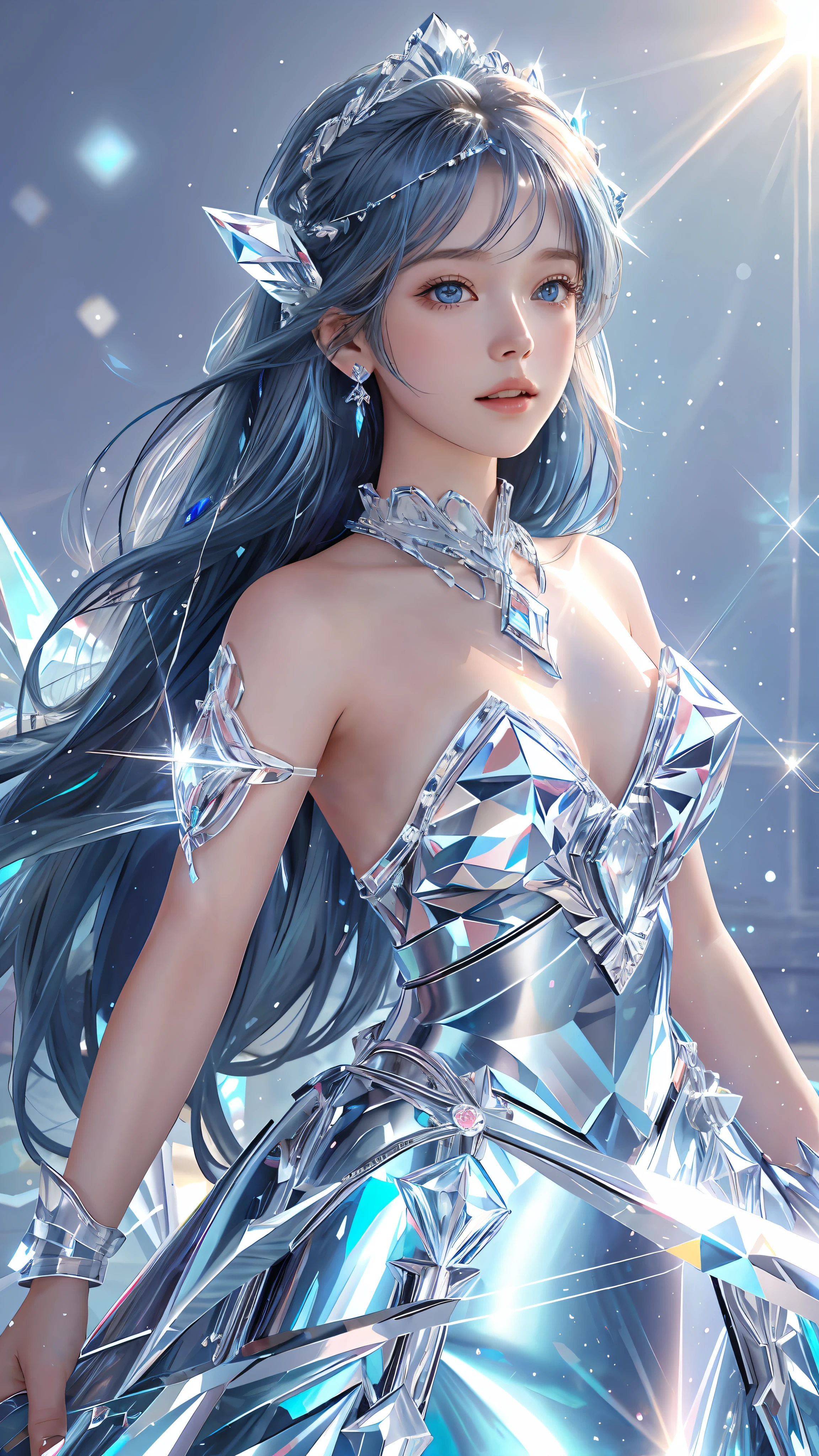 Ultra hd, 8k quality, a girl, happy, very long hair, detailed eyes, glossy lips, blue Crystalline dress, blue crystals, bare shoulders, reflecting blue, lights on crystals, spreading blue lights, attractive pose, whole body capture,