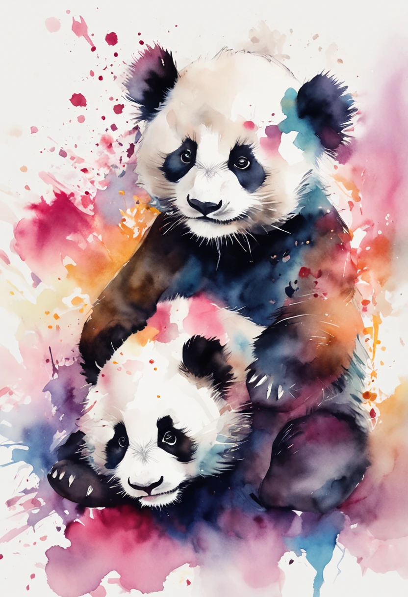 Playful pose of panda cub,Cute and cute expression,vibrant watercolor painting,Lively brushstrokes,Joyful and energetic atmosphere,Shen Jingdong's art,HD prints。