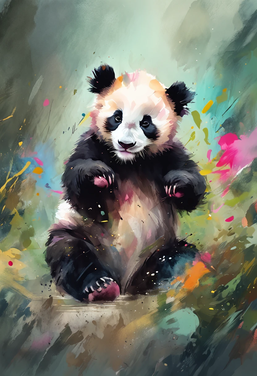 Playful pose of panda cub,Cute and cute expression,vibrant watercolor painting,Lively brushstrokes,Joyful and energetic atmosphere,Shen Jingdong's art,HD prints。