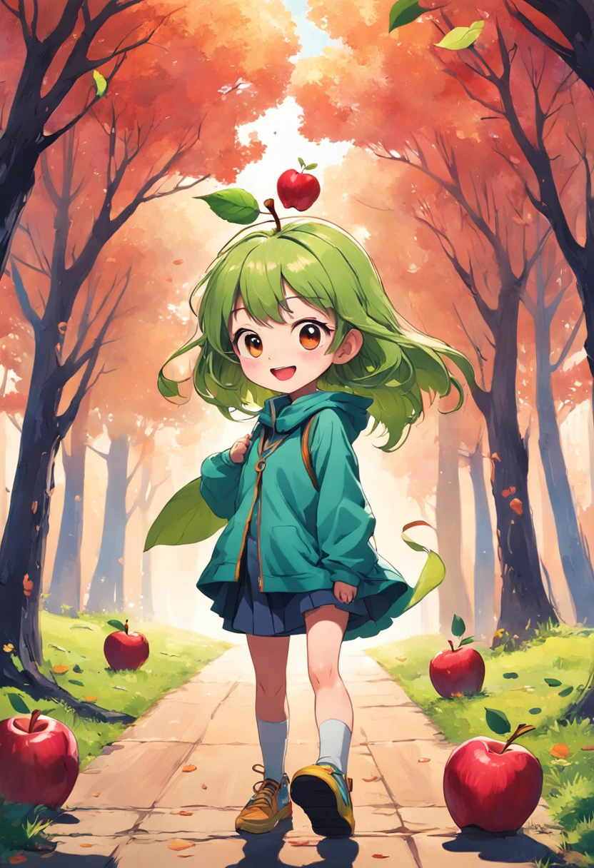 "Create a colorful and playful cartoon-style image of an apple character. This apple character should have a friendly and approachable demeanor. Incorporate vibrant colors to make the image appealing to children. Feel free to add a smiling face, eyes, and other whimsical elements to give the apple character personality. The aim is to make the image resemble a cheerful and imaginative apple friend that kids would enjoy."