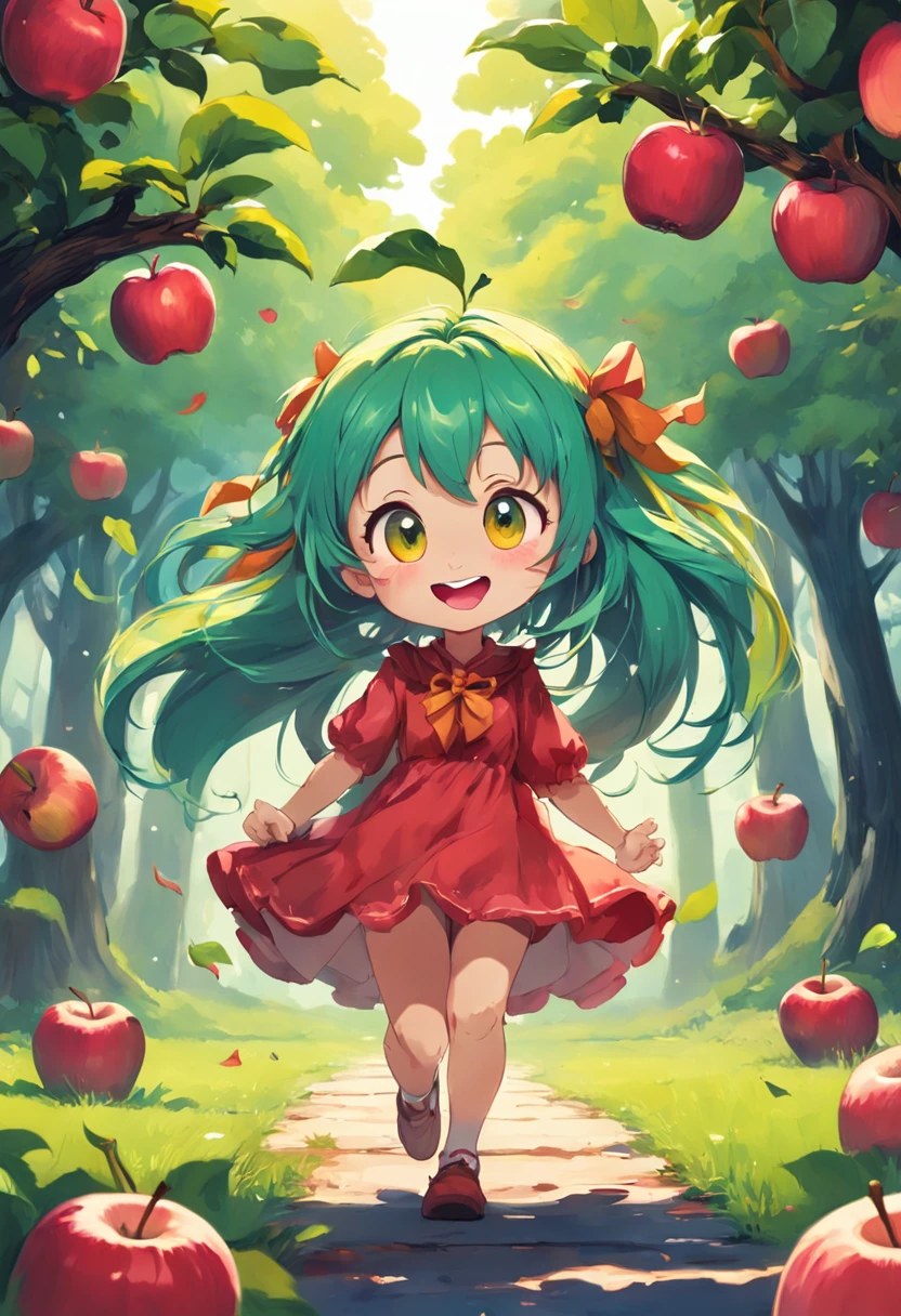 "Create a colorful and playful cartoon-style image of an apple character. This apple character should have a friendly and approachable demeanor. Incorporate vibrant colors to make the image appealing to children. Feel free to add a smiling face, eyes, and other whimsical elements to give the apple character personality. The aim is to make the image resemble a cheerful and imaginative apple friend that kids would enjoy."