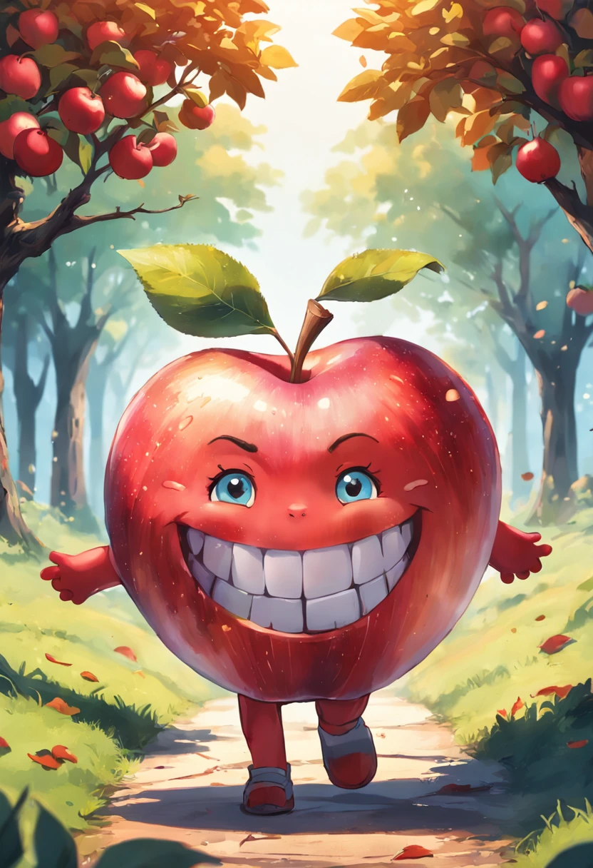 "Create a colorful and playful cartoon-style image of an apple character. This apple character should have a friendly and approachable demeanor. Incorporate vibrant colors to make the image appealing to children. Feel free to add a smiling face, eyes, and other whimsical elements to give the apple character personality. The aim is to make the image resemble a cheerful and imaginative apple friend that kids would enjoy."
