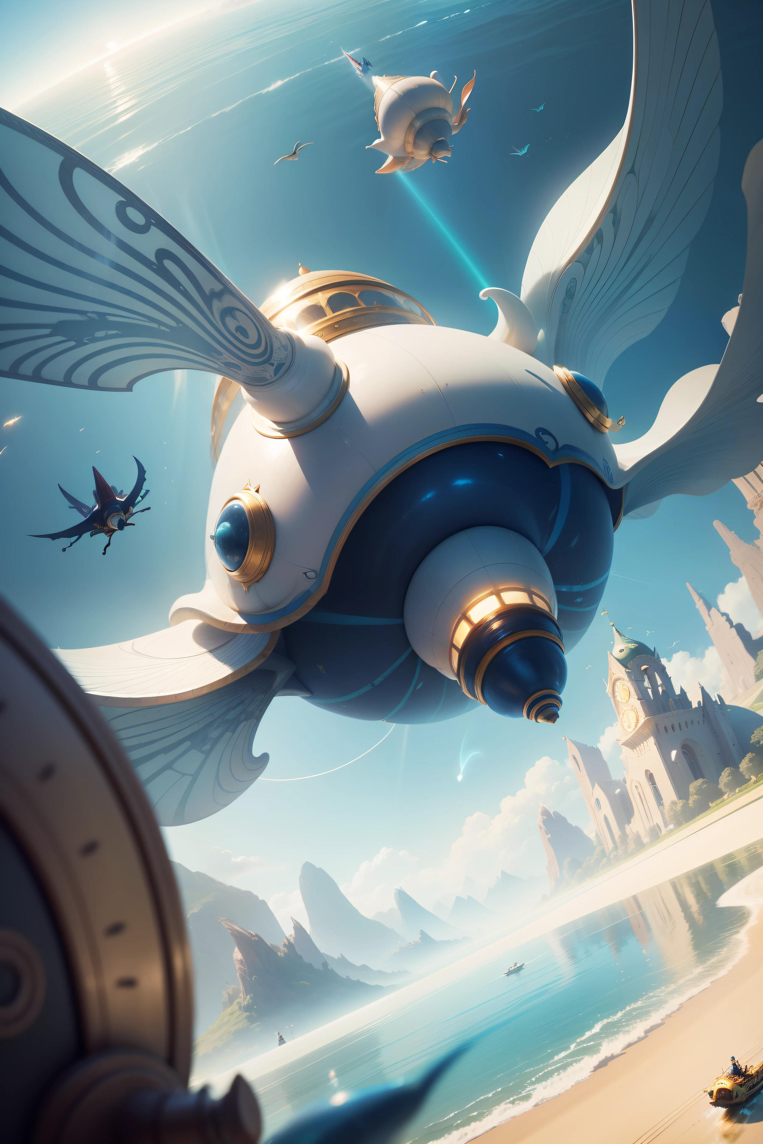 A very dynamic scene. phantasy. Cartoon illustration of a fantasy world with flying bizarre big snails, Flying over the surface of the lake, Everyone is cheerful and happy. a closeup of a. Cinematic, a lot of details. Fantasy background with blurred motion. Light haze.