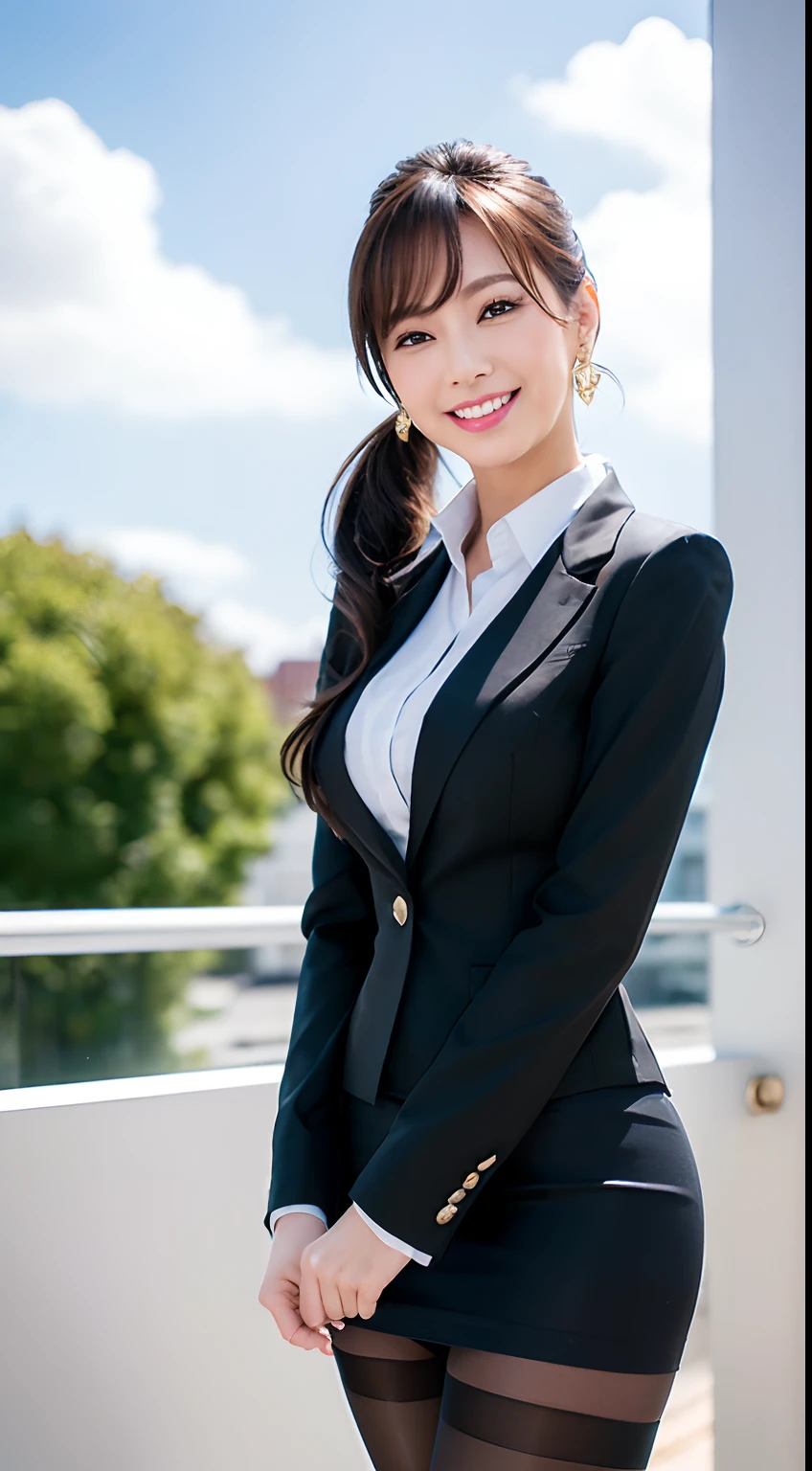 (8K, Best quality, Masterpiece:1.2), (Realistic, photo-realistic:1.37), Ultra-detailed, 1 girl, full bodyesbian, Outdoors, (Adjust hair:1.5) Office Lady, black officeblazer, officeskirt, (Pantyhose black stockings:1.2), (short buttoneddownshirt:1.2), buttonedupcollarprim, buttoneddowncollarprim, Bra, (Pantyhose:1.2), alphalayers, high-heels, Beautiful earrings, Cute, Solo, Beautiful detailed sky, (Smile:1.15), (Closed mouth), Small breasts, Beautiful detailed eyes, Business attire, (Bare flesh ponytail:1.2), Floating hair NovaFrogStyle,