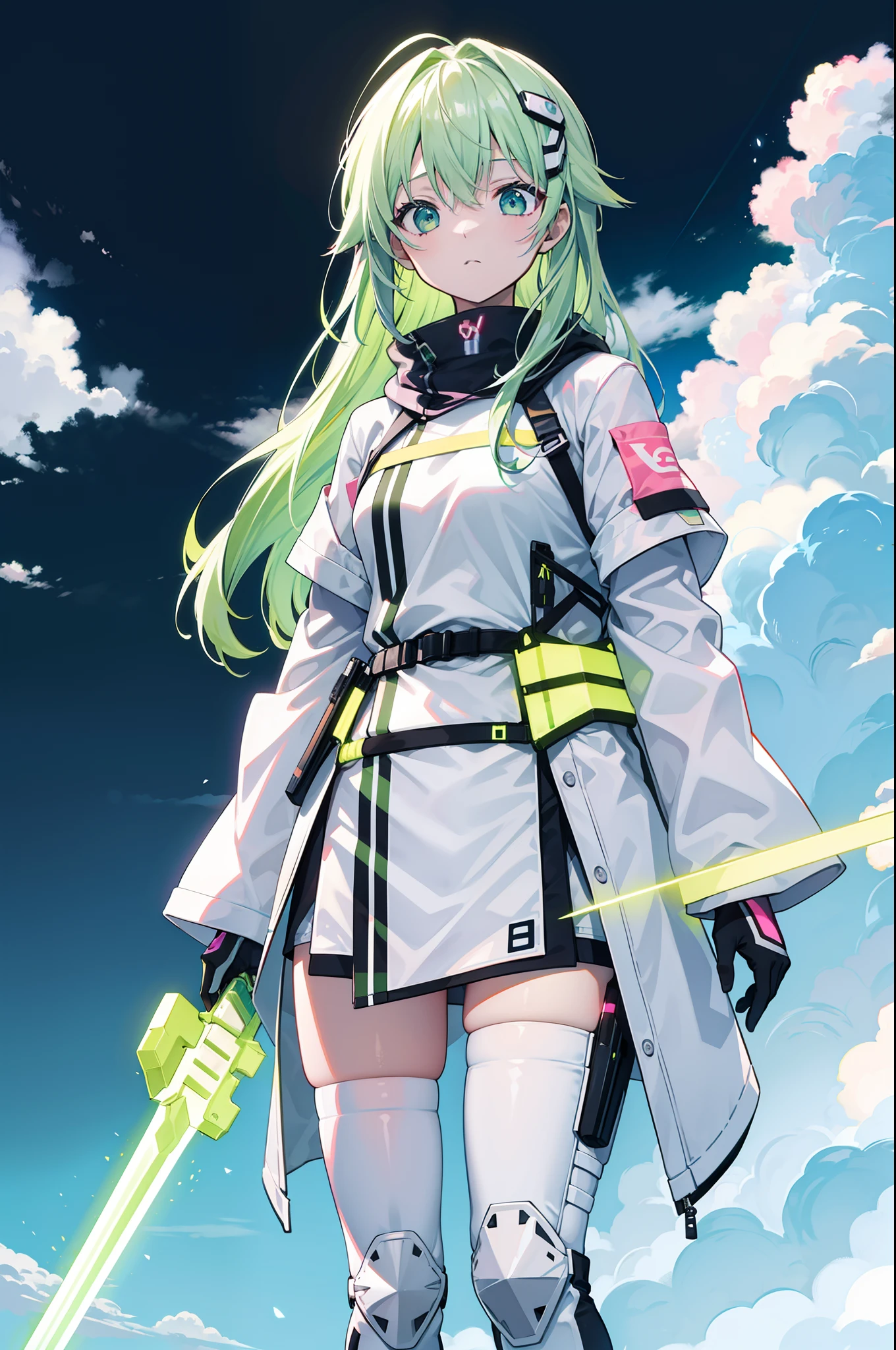 mirai、arma、inspiration、neon color、Main color is white、Green hair、pink there、pet、Cool big simple weapon、frontage