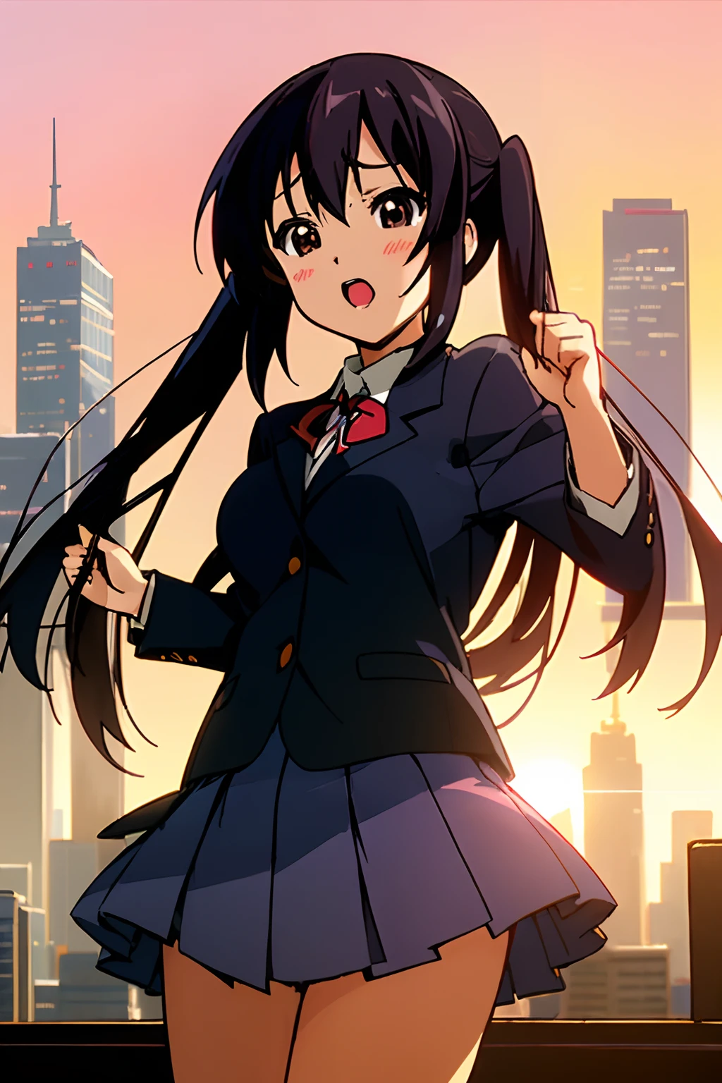 1girl, (((masterpiece))), highest quality, best quality, high detail, nakano azusa, 1girl, sakuragaoka high school uniform, school uniform, twintails, long hair, black hair, brown eyes, solo, red , a navy blue blazer with red narrow ribbon, a solid white buttoned shirt under the blazer, illustration, cartoon, soothing tones, calm colors, soft cinematic light, adobe lightroom, photolab, hdr, intricate, highly detailed, ((((depth of field)))). (((takeout))).dynamic focus.big breasts.(((Skyscrapers))).(((A city scape))).(((Face of sadness))). open mouth.(((fighting stance))).(((up chest))).((evening glow)).((the setting sun)).
