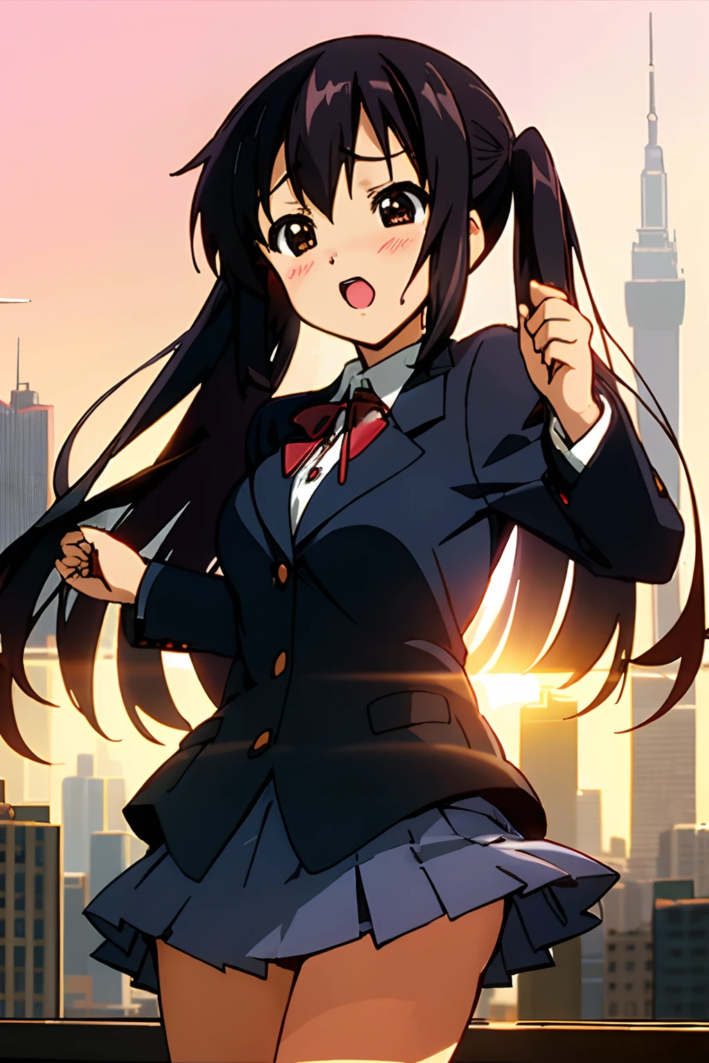 1girl, (((masterpiece))), highest quality, best quality, high detail, nakano azusa, 1girl, sakuragaoka high school uniform, school uniform, twintails, long hair, black hair, brown eyes, solo, red , a navy blue blazer with red narrow ribbon, a solid white buttoned shirt under the blazer, illustration, cartoon, soothing tones, calm colors, soft cinematic light, adobe lightroom, photolab, hdr, intricate, highly detailed, ((((depth of field)))). (((takeout))).dynamic focus.big breasts.(((Skyscrapers))).(((A city scape))).(((Face of sadness))). open mouth.(((fighting stance))).(((up chest))).((evening glow)).((the setting sun)).