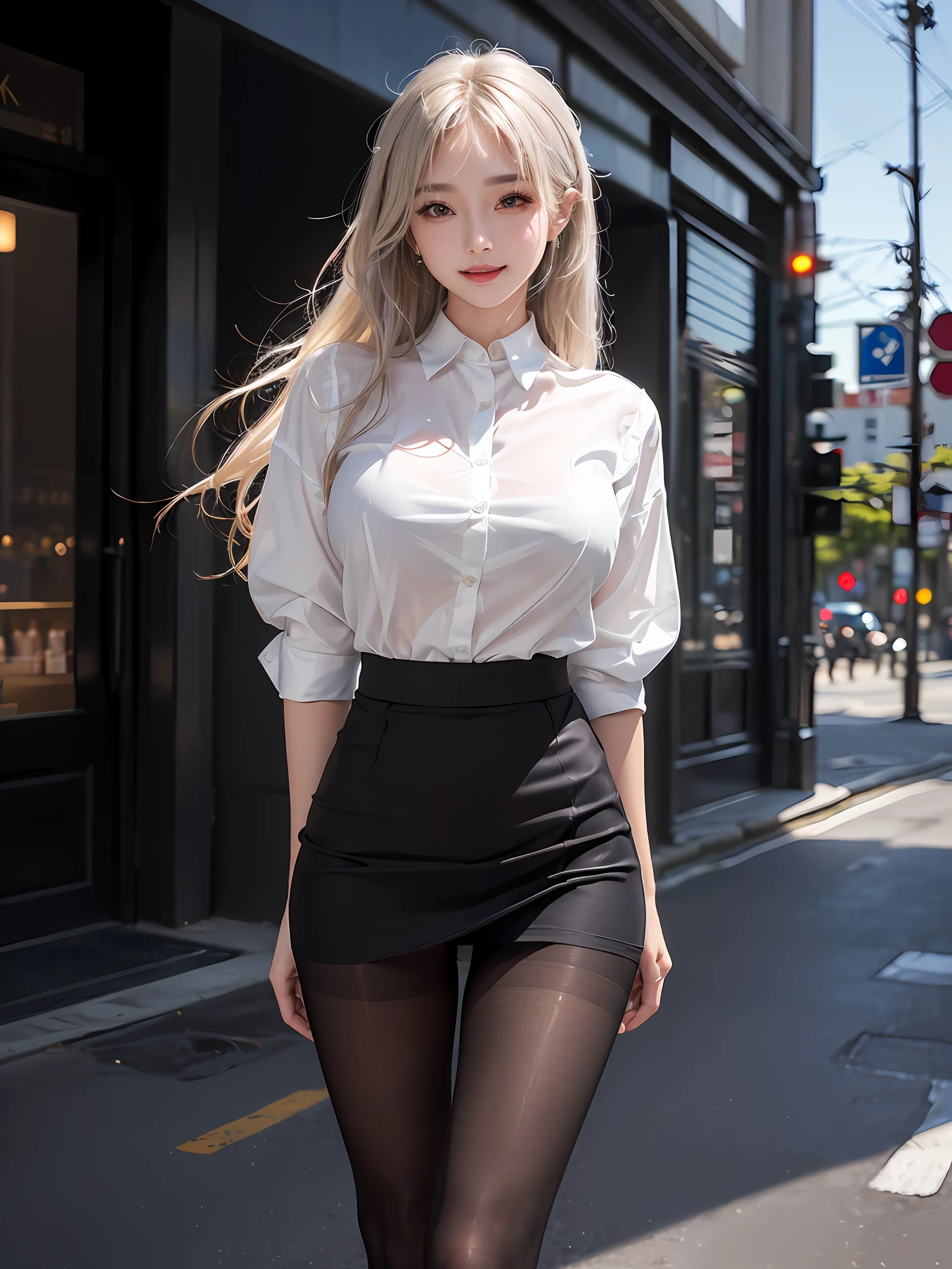(Best Quality, 8K, Masterpiece, Ultra HD: 1.3), (K-Pop Idol: 1.4), 1 Pretty Girl, (Big Breasts: 1.2), (Long Hair), Abs, Perfect Figure, Ultra Fine Face, Delicate Lips, Beautiful, dewy skin, sweaty skin, wavy blonde hair, silver light hair, office wear , super fine hand, fine finger  , Short mini skirt (black), White tight shirt, ((detailed pantyhose)), on the street, building, building, punk girl, transparent, smiling, open shirt show   , Long legs, detailed legs, fine legs