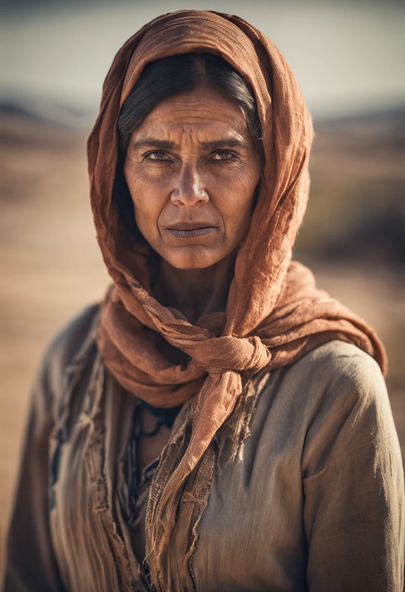 A Scandinavian woman is wearing blue scarf in thedesert, detailed facial features, firminbaes, war photography, intense gaze,portrait photography, backgroundblur,captured by Sony Alpha a7 Illcamera with Sony FE 24-105mm f/4 G OSS lens*