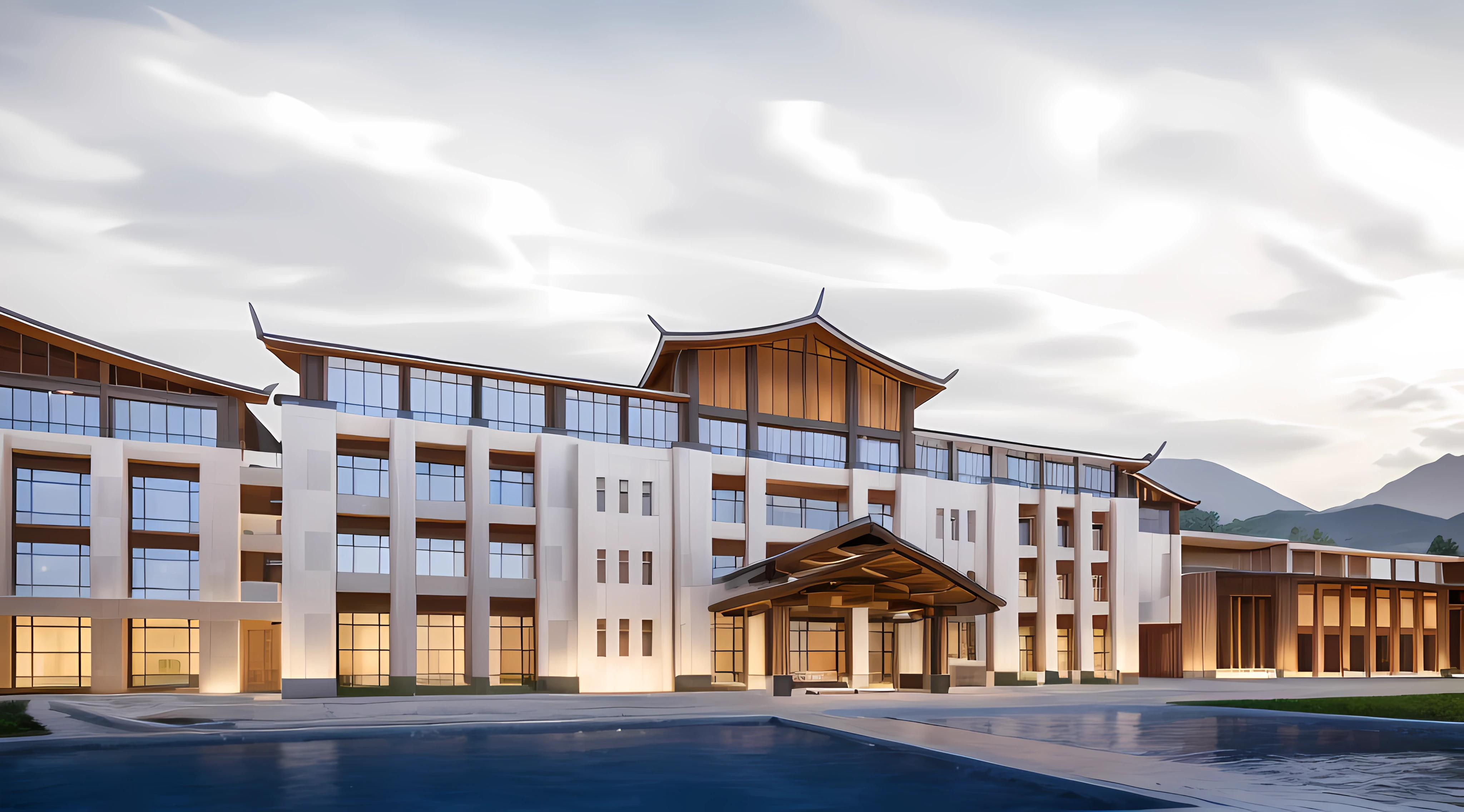 Lijiang，5 stars hotel，（tmasterpiece，and the sun was shining brightly，Strip light，suns，Sunnyday，white marble walls），The building greets the lights，Light-receiving surface，A fusion of modern and vernacular architecture，The roof has curves and warping angles，realistic cgi render，archviz，with blue sky and white clouds