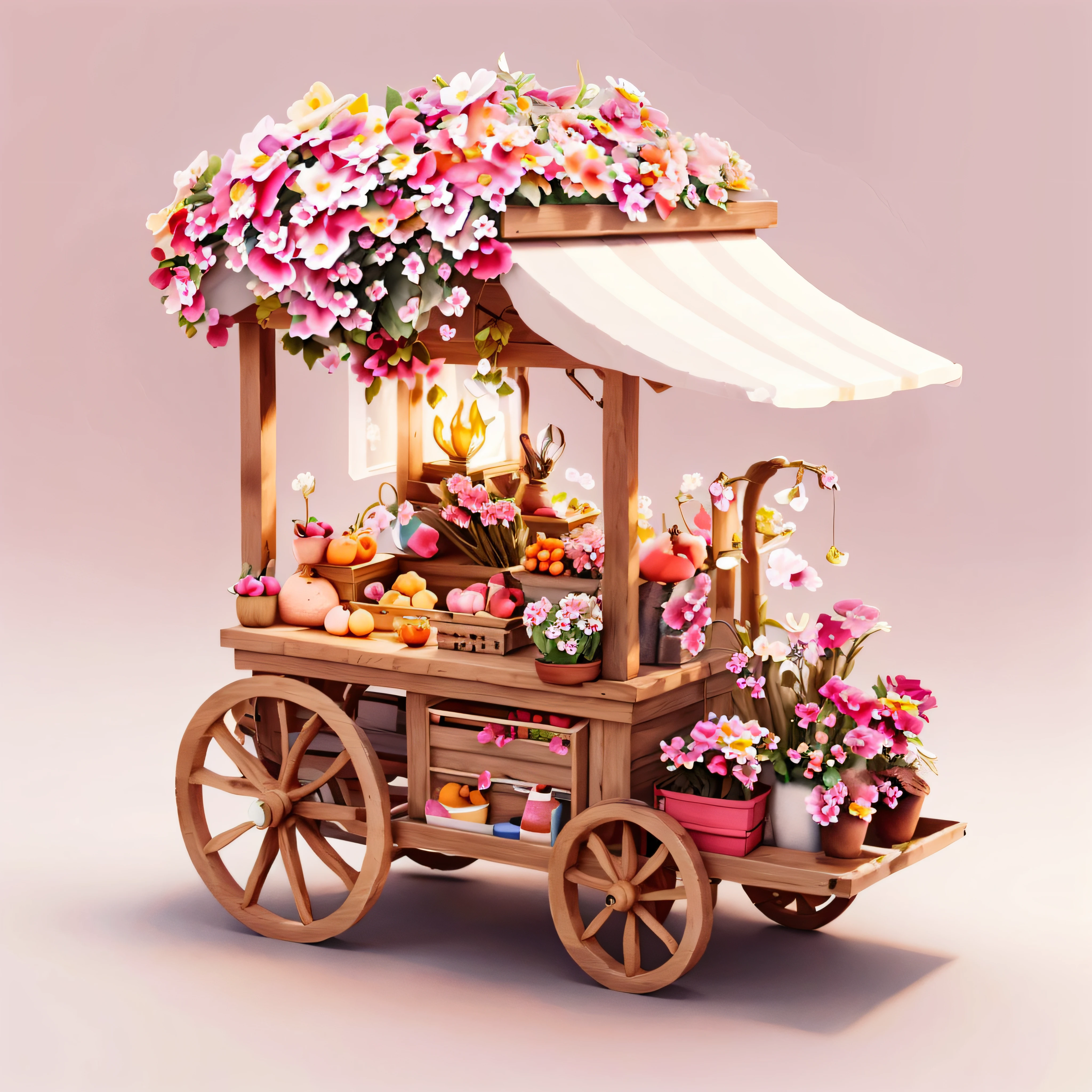 There was a small wooden cart,It is covered with flowers,4K polymer clay food photography,Cute 3d render,Stylized 3D illustration by Lee Jeon-seok。