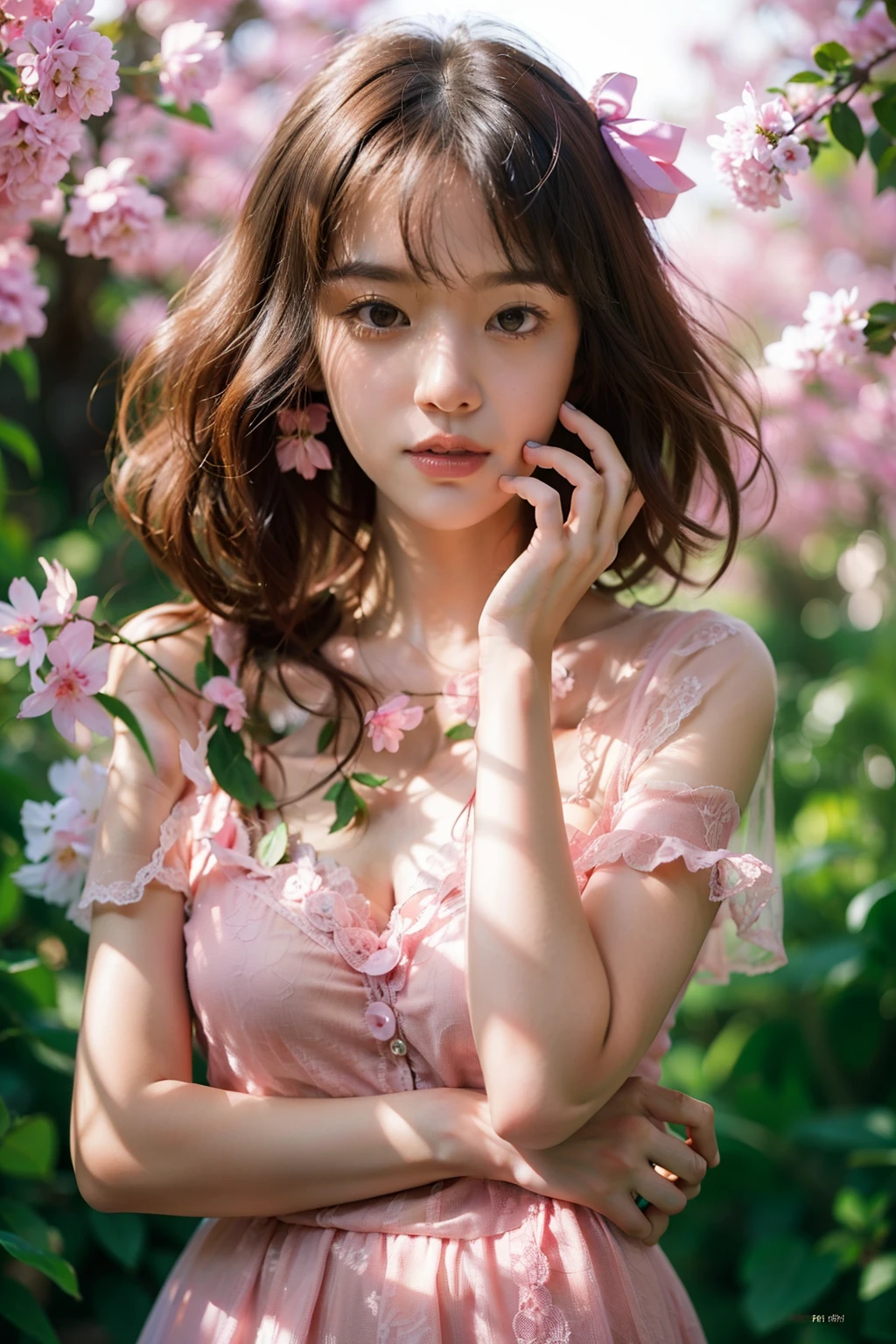 The tree々The forest of the sun shining in from between、Pink see-through lace dress、thinking pose, Put hand on cheek, half-body portrait, prompt young woman, Engaging pose, cute young woman, Realistic portrait of lovely woman, Casual pose, Thoughtful Pose, she has a distant expression, Half Body Portrait, Handsome Girl