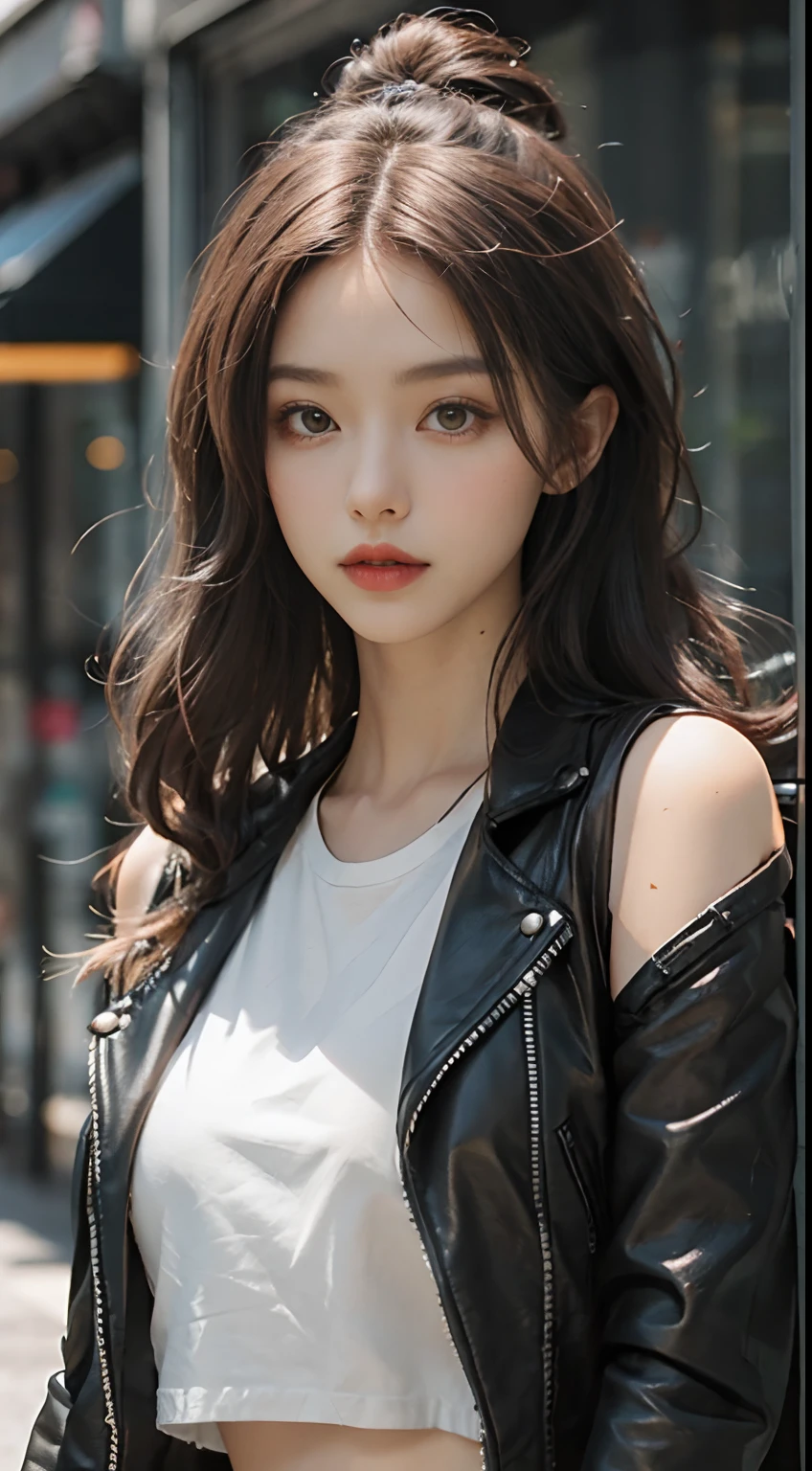 Extra-long hair，cropped shoulders， Long burgundy hair，Black CE leather jacket，punky style，full bodyesbian