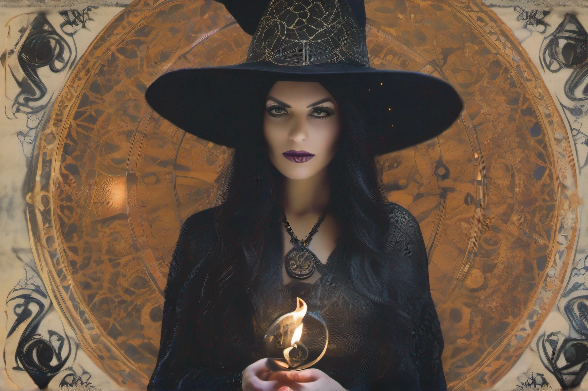 "Intriguing and mysterious witch with powerful magic, enchanting and mesmerizing everyone around her. Dark and mystical atmosphere, with hints of moonlight and candlelit shadows. Flowing robes, adorned with intricate symbols and patterns. Spellbinding gaze, captivating and full of secrets. Creative interpretation and visually stunning depiction of a witch's essence."