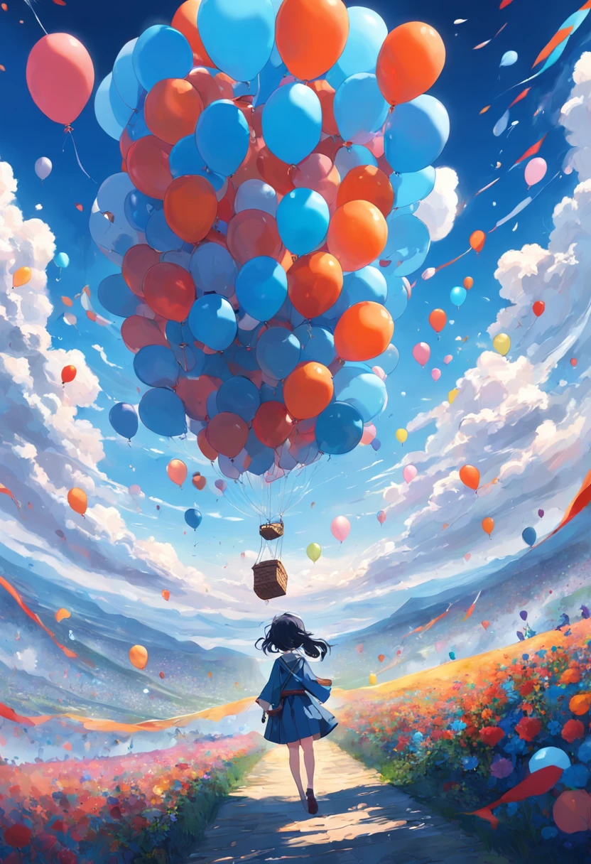 (masterpiece, best quality, ultra-detailed, extremely detailed CG unity 8k wallpaper),A balloon with many balloons is flying in the blue sky,blue-sky,Lots of clouds,Colorful balloons,colourfull