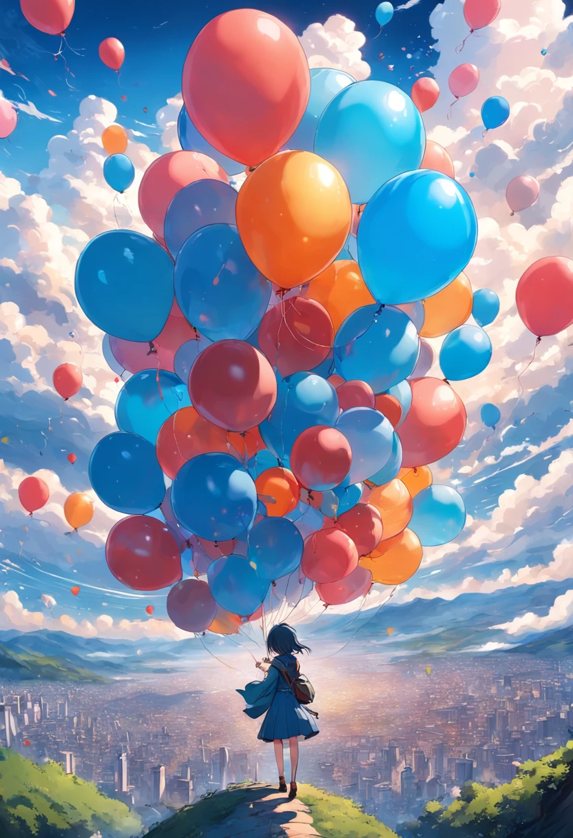 (masterpiece, best quality, ultra-detailed, extremely detailed CG unity 8k wallpaper),A balloon with many balloons is flying in the blue sky,blue-sky,Lots of clouds,Colorful balloons,colourfull