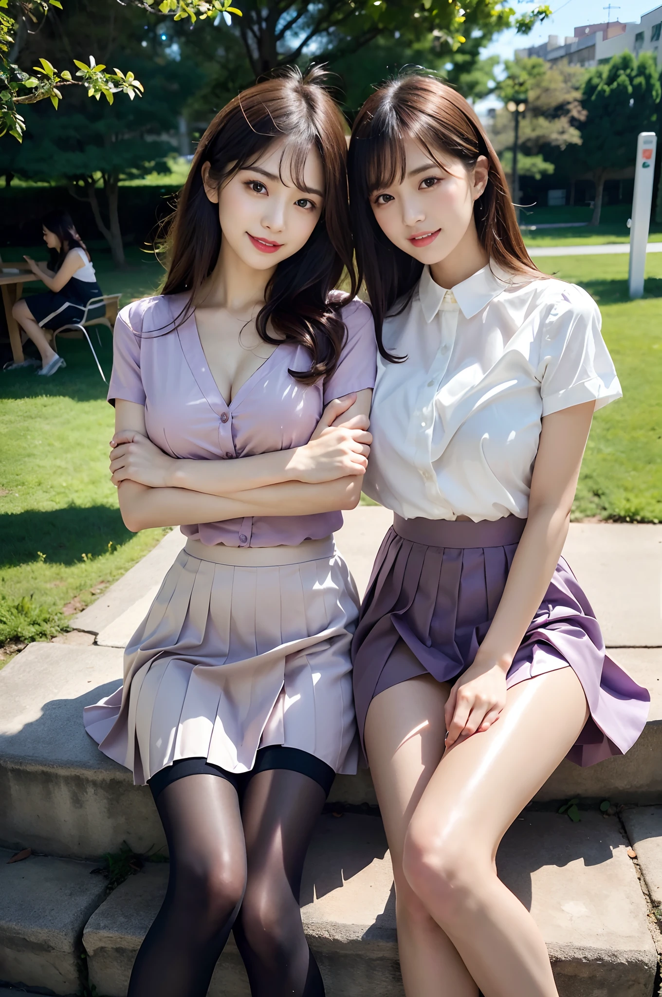 One-person viewpoint, (masutepiece:1.3), High resolution, ultra-detailliert, Highly detailed CG Unity 8k wallpaper, Realistic, Photorealsitic, Raw photo, beautifull detailed face, pale skin, realistic glistening skin, Detailed Cloth Texture, detailed hair texture, Perfect body, Beautiful face, acurate, Anatomically correct, Highly detailed face and skin texture, Natural neck length, (Beautiful hands), (Fair skin:1.2), thin legs, Thin feet, Aligned teeth, ((on the park))
BREAK,
Detailed eyes, symmetrical eye, Light brown eyes, Double eyelids, Thin eyebrows, (Glossy lips:1.4), (Sleepy face:1.2), (blush:1.3),
BREAK,
(Classy and cute girl:1.3), (Wear elegant clothes (Light purple) Button shirt:1.2), ((The shirt is a bit lighter))((Lilac) Elegant long skirt made of rayon material:1.2), , (Long skirt with narrow pleats), (Elegant pleated long skirt)
((2 balls large)), (Slender figure:1.1),
(Dark blonde hair, Wavy Hair, Medium Hair:1.2), ((asymmetrical bangs:1.2)), ((Grass and trees are visible))
girl with、beautiful vintage color、Instagram(Photorealsitic、hight resolution:1.4)、(Slender woman)((Puffy eyes))、Staring at the viewer、、full body Esbian(8K、Raw photography、top-quality、masterpiece:1.2)、(realisitic、Photorealsitic) :1.37)、(foco nítido:1.2)、Professional Writing、photon maping、Radio City、Physically Based Rendering、(de pele branca:1.2)、(middlebreasts:1.2)、((Even the expression of seduction))、Viewer's Perspective、(Middle hair:1.5)、portlate、Brown eyes、(silber hair:1.1)、bangss、(symple background:1.4)、realisitic、(masterpiece:1.4)、(top-quality:1.4)、(glowy skin)、((Short sleeve shirt with collar、Knee-length pleated skirt、Black stockings))、Beautiful collarbone、The chest is、Looks a little、Light makeup、A smile(skinny、Mouth closure、full of shyness:1.3)