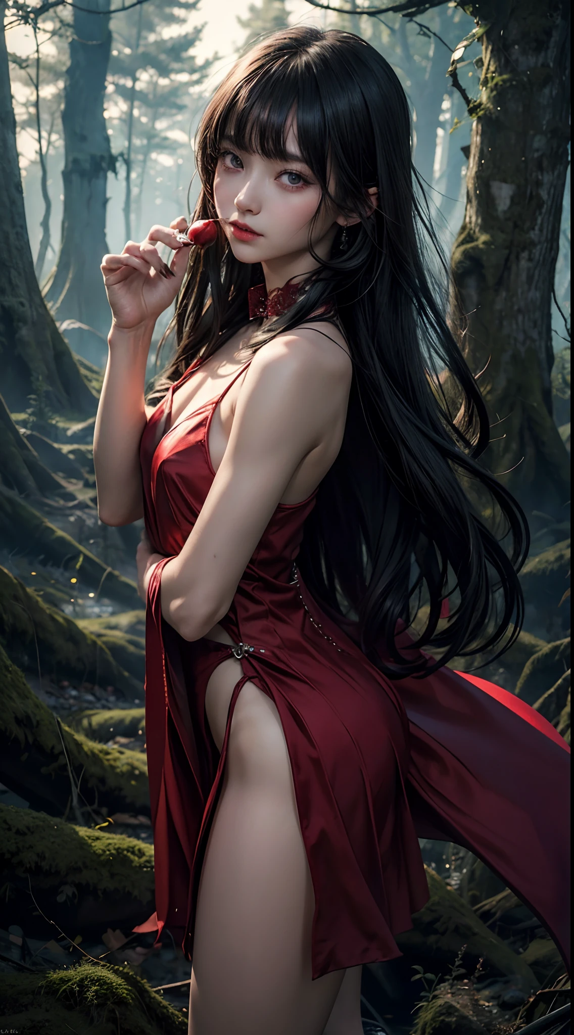 (8K, Raw photography, top-quality, ​masterpiece:1.2),  One Woman、Japan at the age of 18,fullllbody.{scinematic angle、Wide Angle、Don't split the screen、}（Realistic Skins 1.4）、（red riding hood、Hold out an apple）、（（（red hoods、Red dress、Black stockings、high-heels）））、（（（In the dark forest、In a deep eerie forest　、Pitch black night、Deep fog）））（（traces of wiping blood from the mouth,,,,,、Red Eyes、Black and long nails））、50mm Lens、30mm film、wide angles、（long、straight haired、）、（A dark-haired、The forehead is hidden by bangs、）、Black eyes、shinny skin、Beautiful delicate face、Beautiful delicate eyes、｛tiny chest、small tits、muscular body、｝、