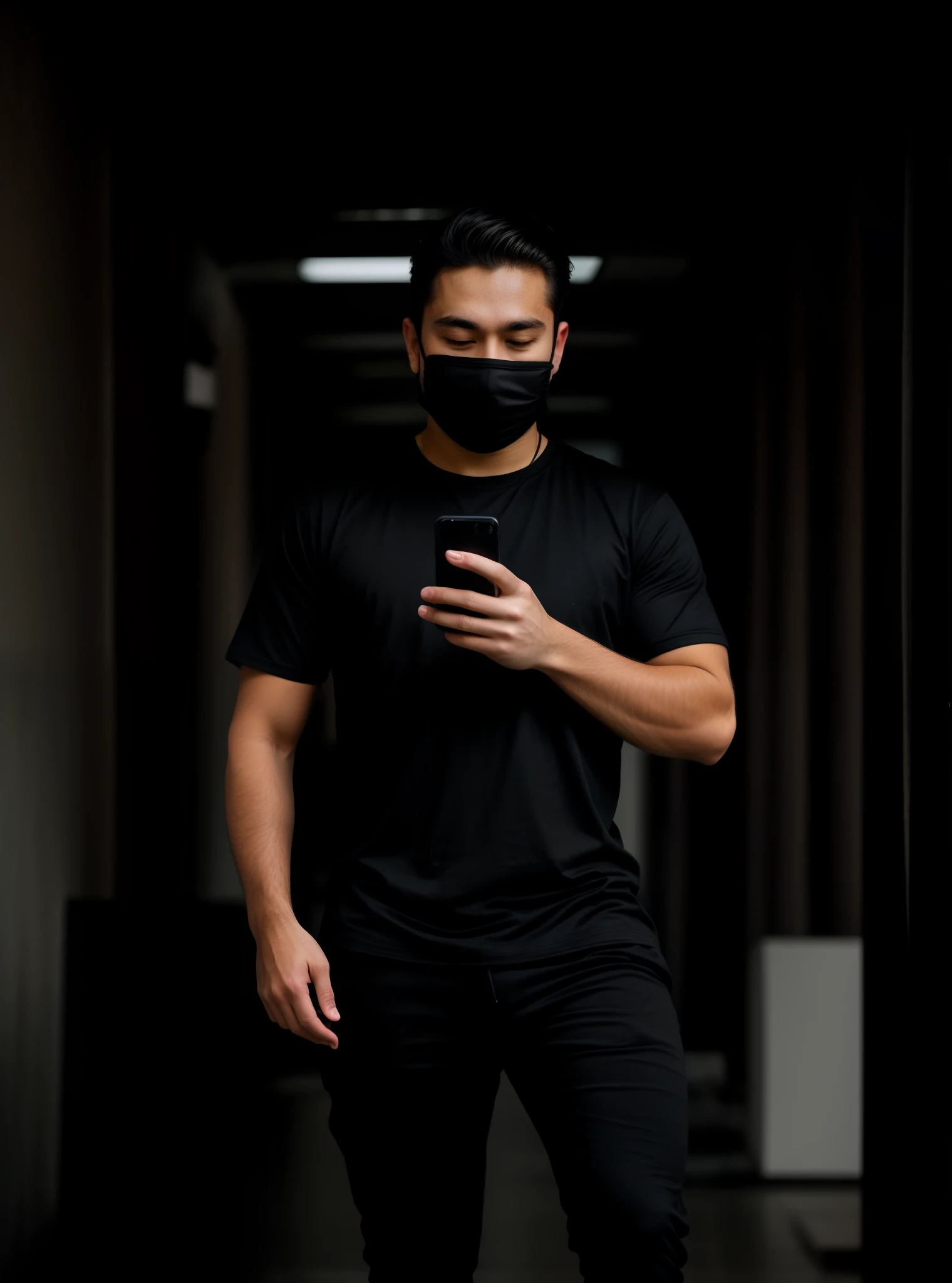 there is a man wearing a face mask and holding a cell phone, wearing all black mempo mask, he is wearing a black t-shirt, (sfw) safe for work, 2 7  old, wearing a black t-shirt, in the style of sifu 🔥 😎 🕹️ 👀 :2, selfie of a man, wearing a black tshirt